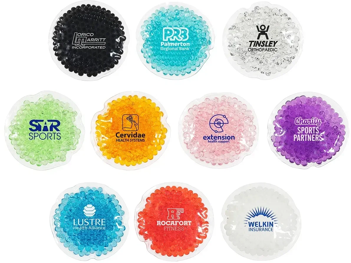 Mini Round Aqua Pearls custom hot/cold pack front view, branded pocket-sized therapy disc