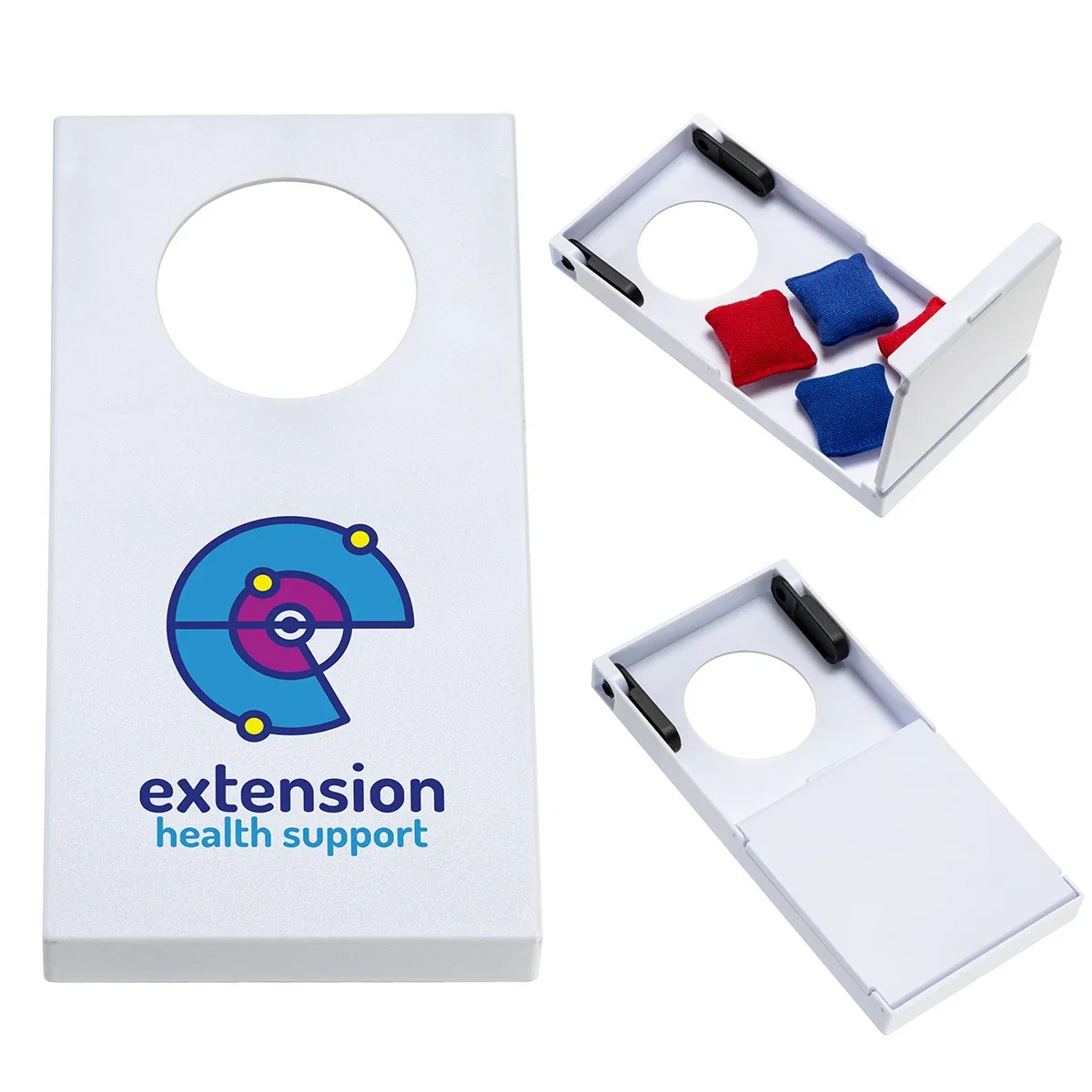 Custom Mini Tabletop Cornhole Game, front view of the branded tabletop game