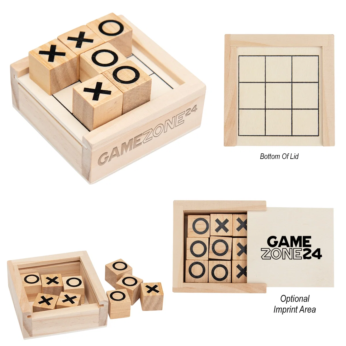 Mini tic-tac-toe game in natural wood with pieces set on the board