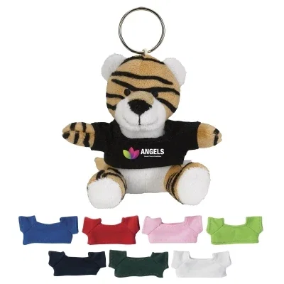 Small plush tiger key chain dressed in a colored shirt