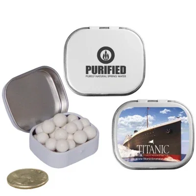 Mini white tin measuring an inch and a half wide