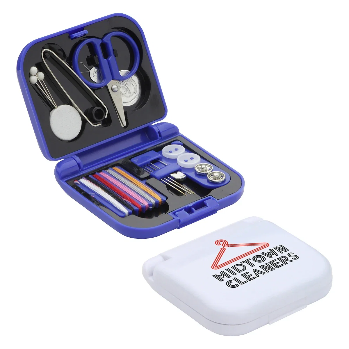 Mini travel sewing kit, promotional custom repair kit with branded compact case, front view