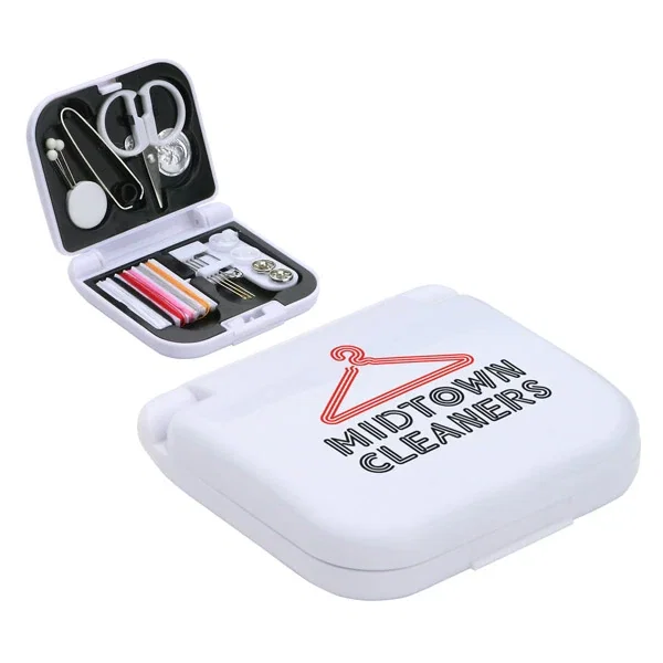 Custom Mini travel sewing kit opened to show branded needles, thread, and repair tools