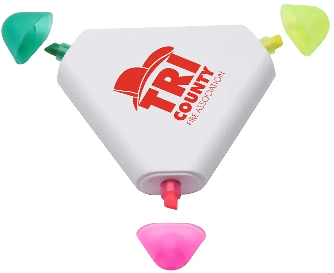 Custom branded Mini Tri highlighter, front view of the promotional three-color triangle highlighter with logo