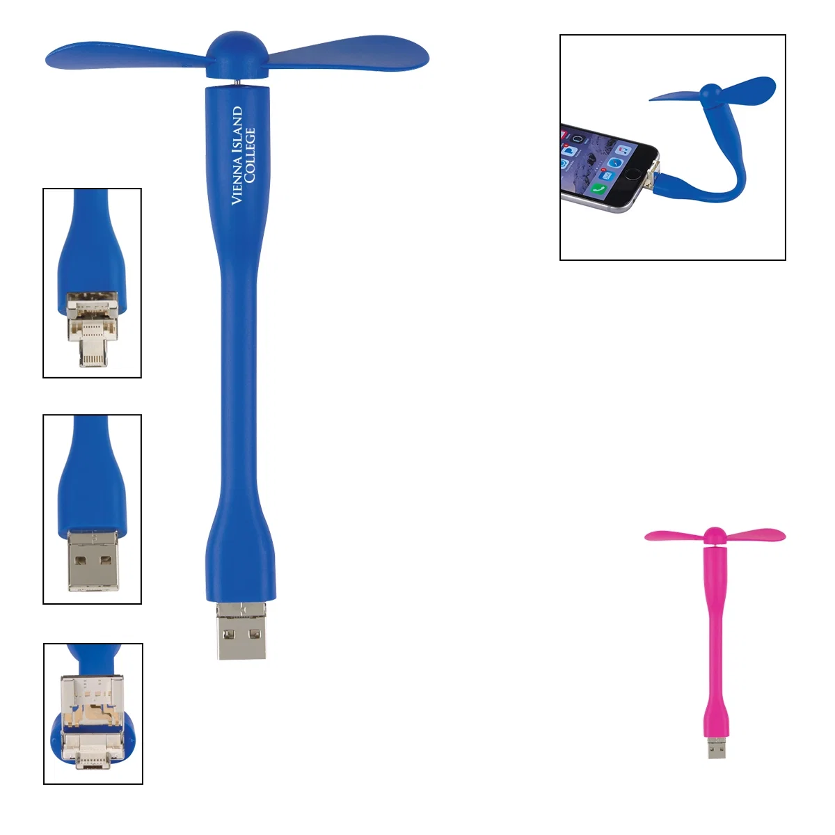 Mini USB fan with a three-way plug for phones and laptops