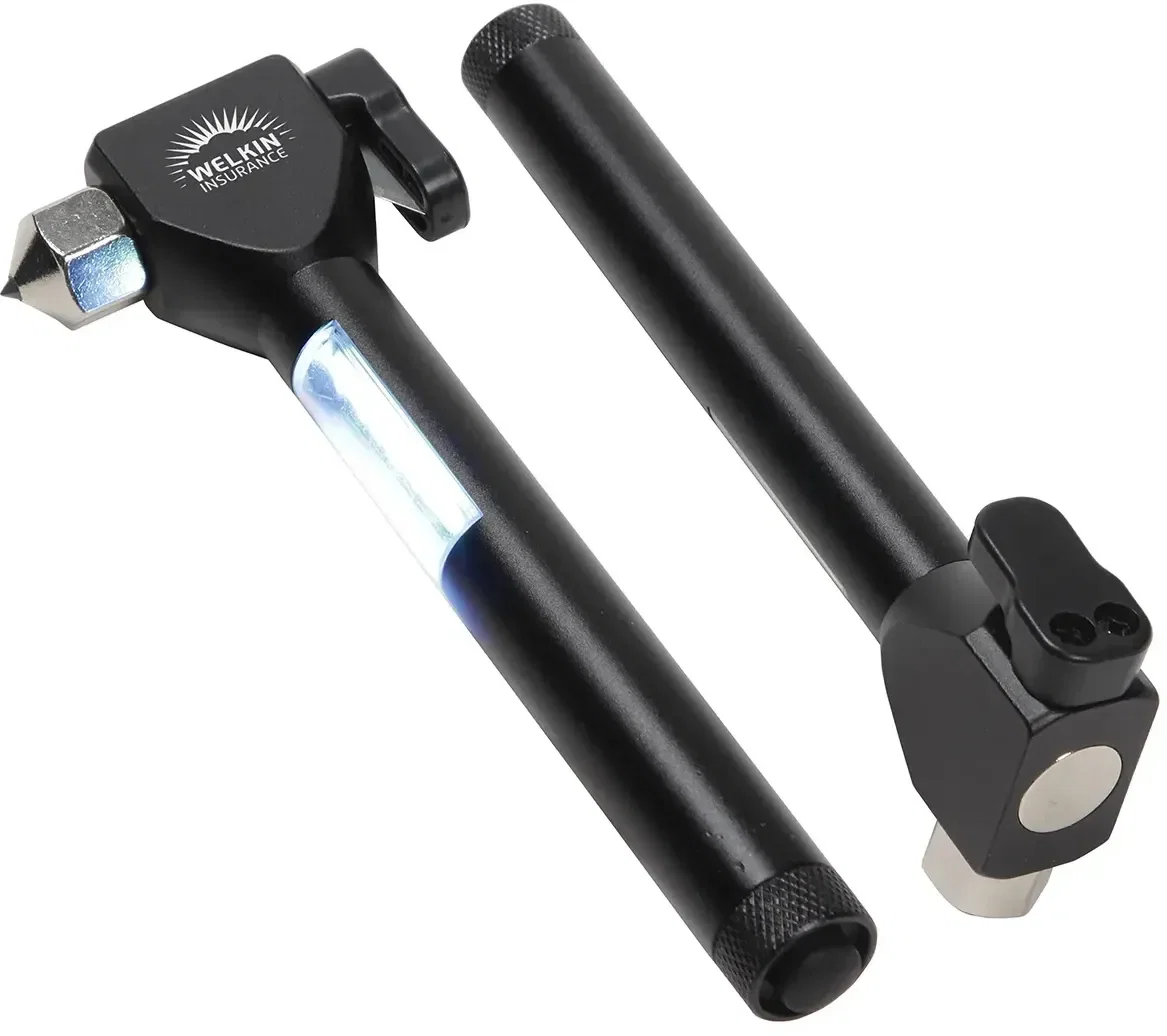 Mini Watchman custom aluminum flashlight with escape hammer, branded car safety tool, front view