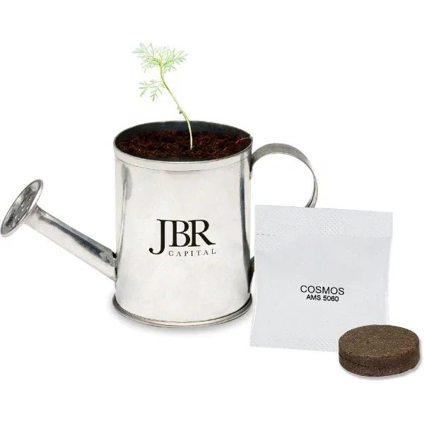 Mini watering can planter seed kit with soil disk and seeds in promotional sleeve