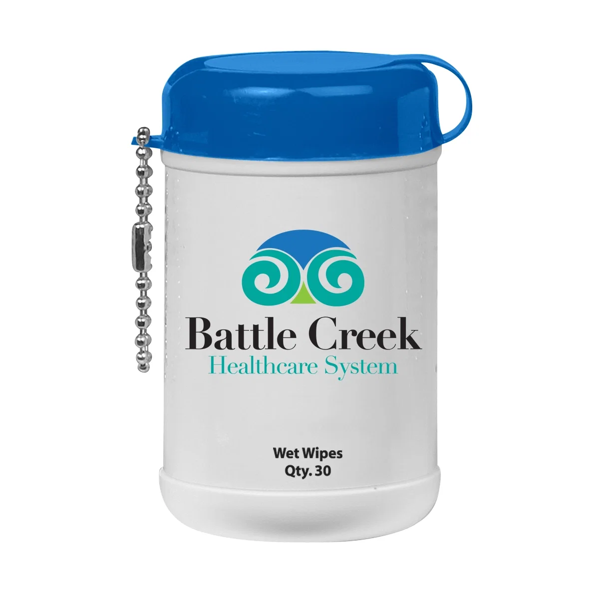 White mini canister of wet wipes standing about three inches tall