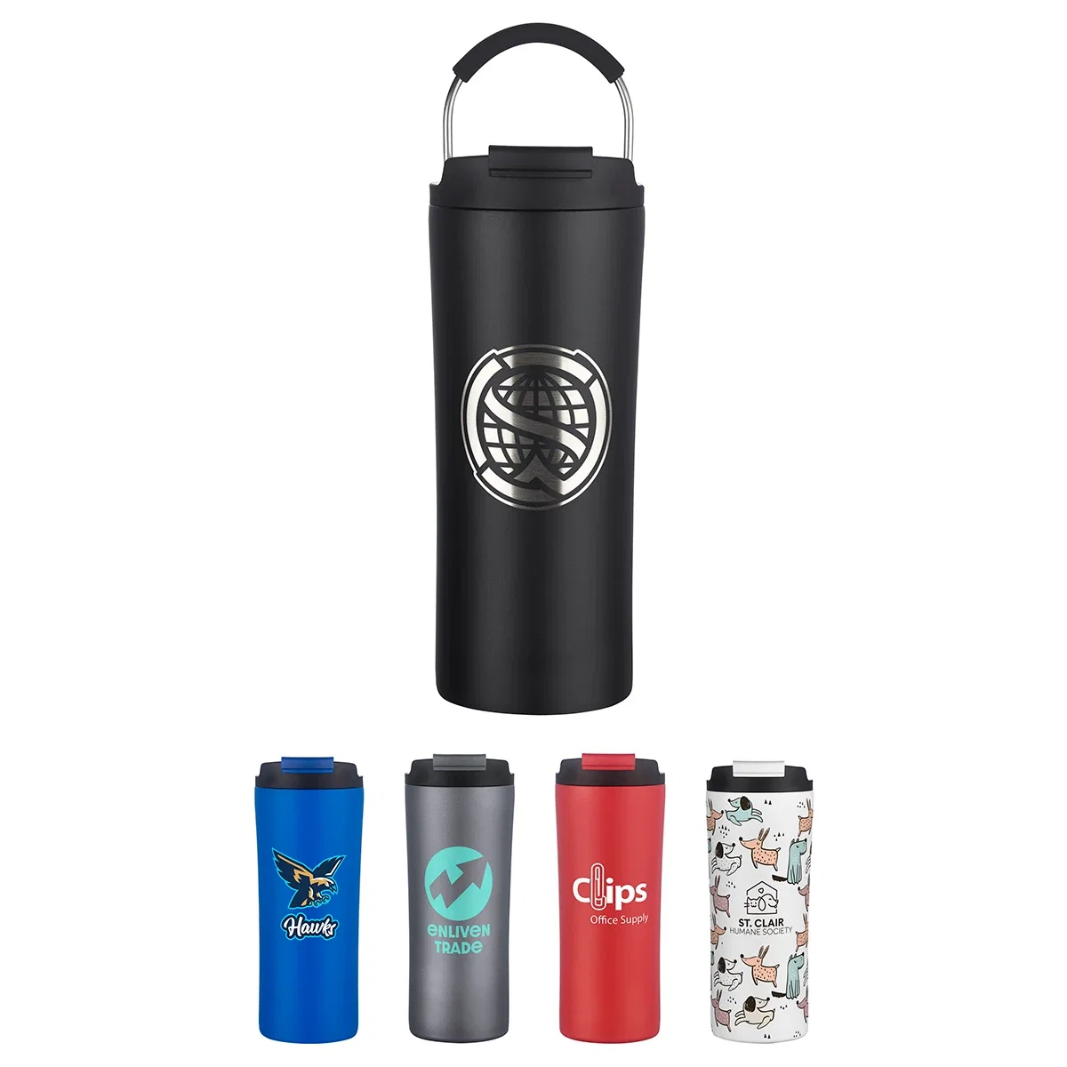 Custom Minos 21 oz vacuum insulated tumbler, front view of the branded 2-in-1 tumbler