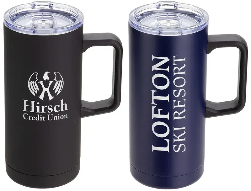 Custom Mirage 17 oz vacuum insulated steel mug, front view of the branded travel mug