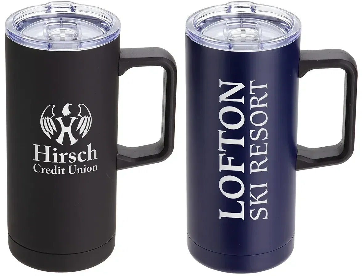 Custom Mirage 17 oz vacuum insulated steel mug, front view of the branded travel mug
