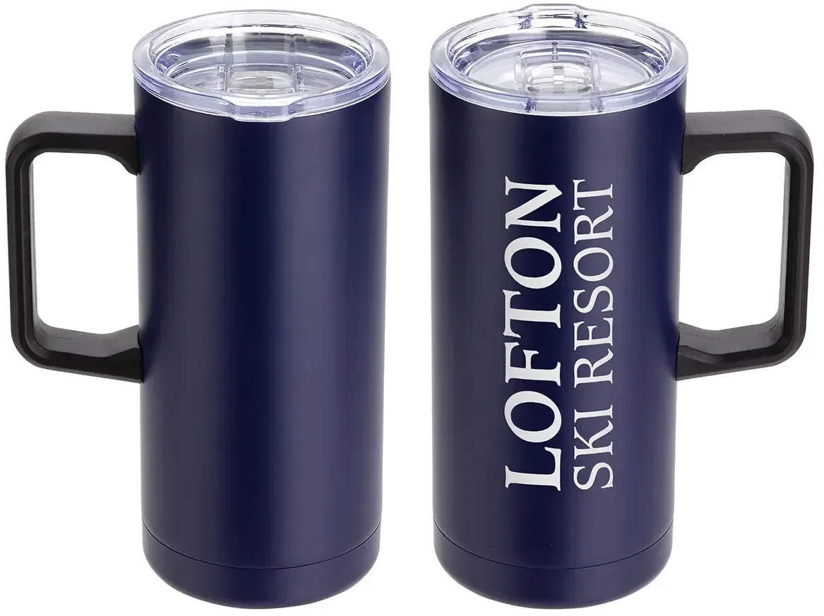 Branded Mirage stainless steel travel mug side profile, promotional 17 oz drinkware