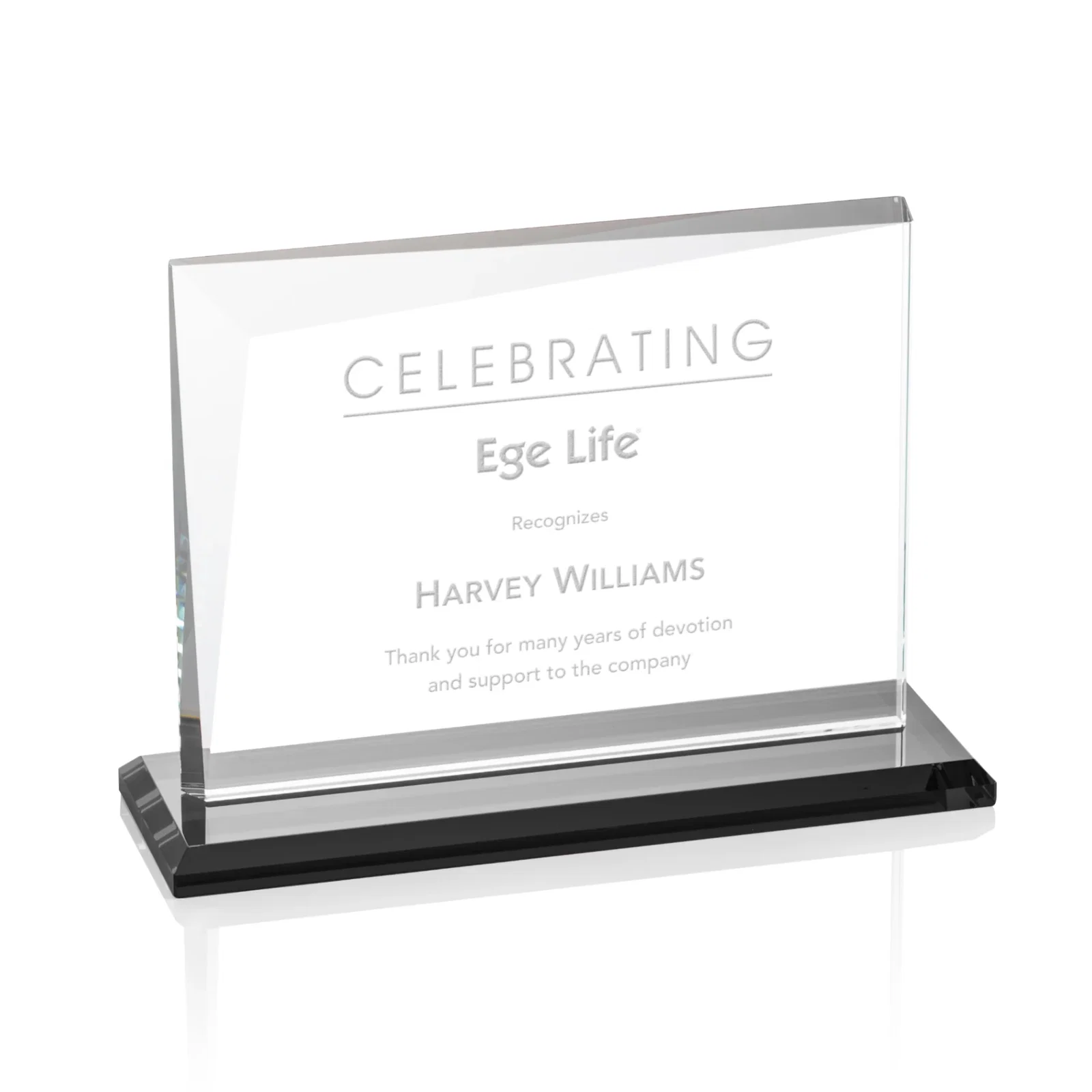 Personalized Starfire Crystal Rectangle Award with One Beveled Corner, awards for retirement presentations