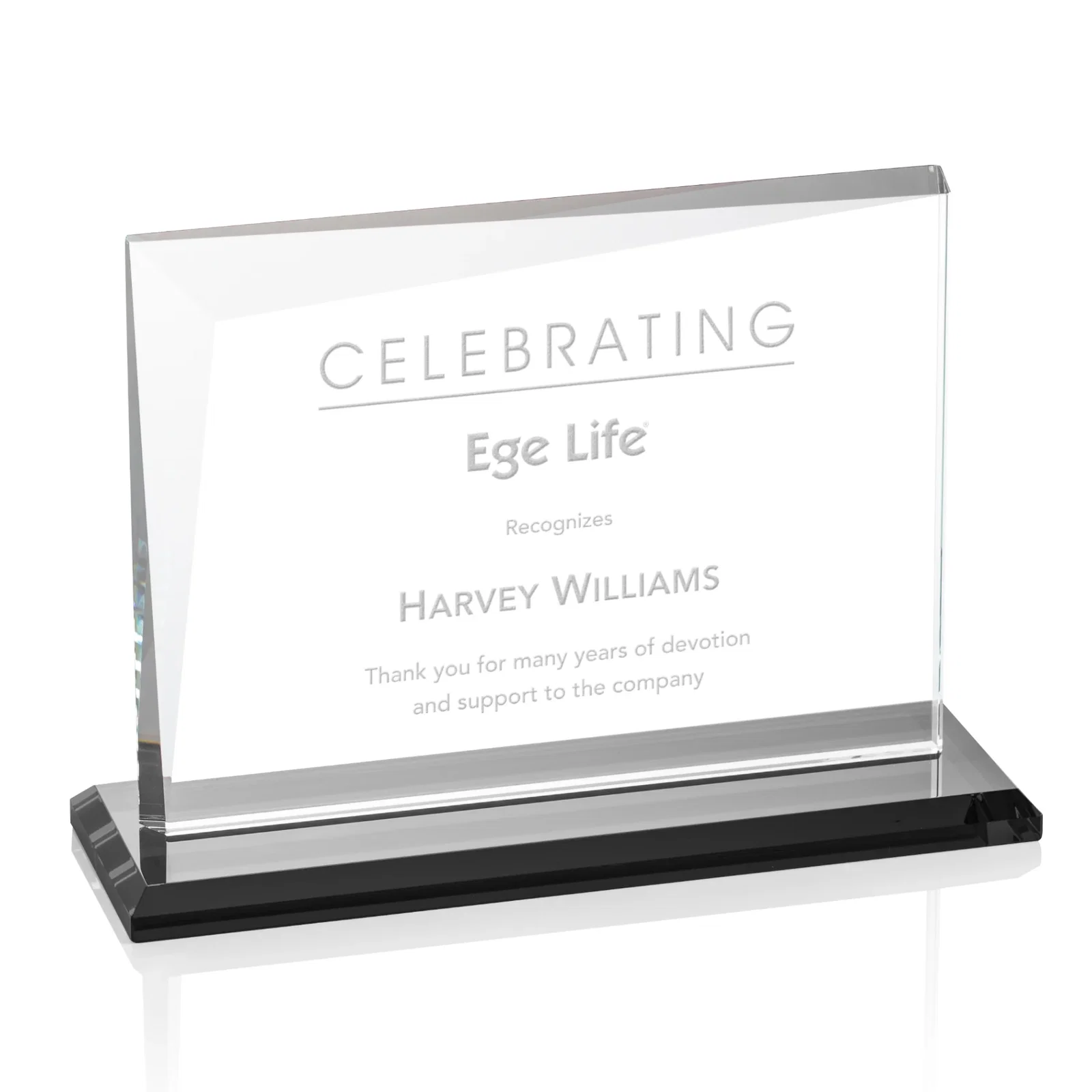 Personalized Starfire Crystal Rectangle Award with One Beveled Corner, awards for donor appreciation