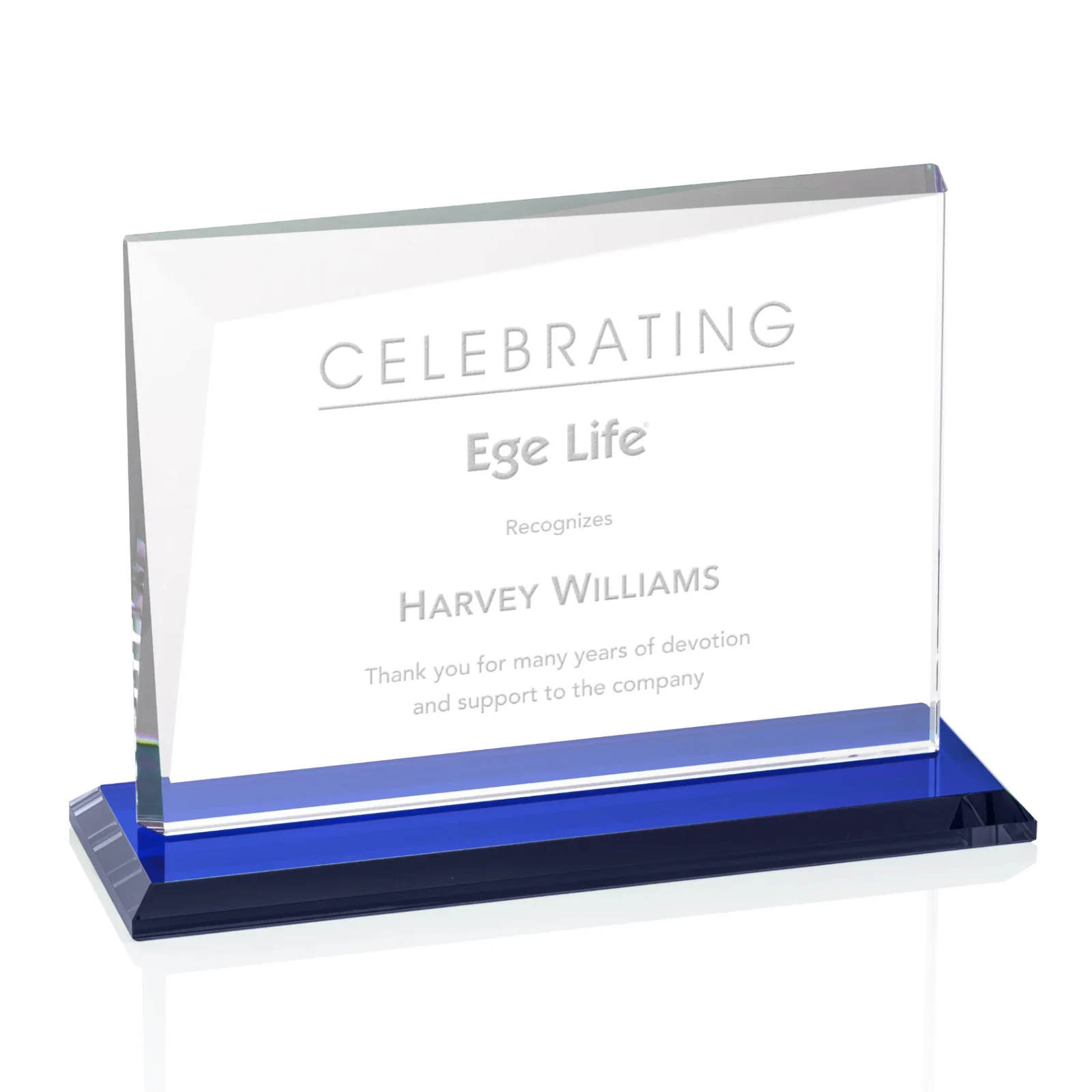 Personalized Starfire Crystal Rectangle Award with One Beveled Corner, awards for company anniversary events