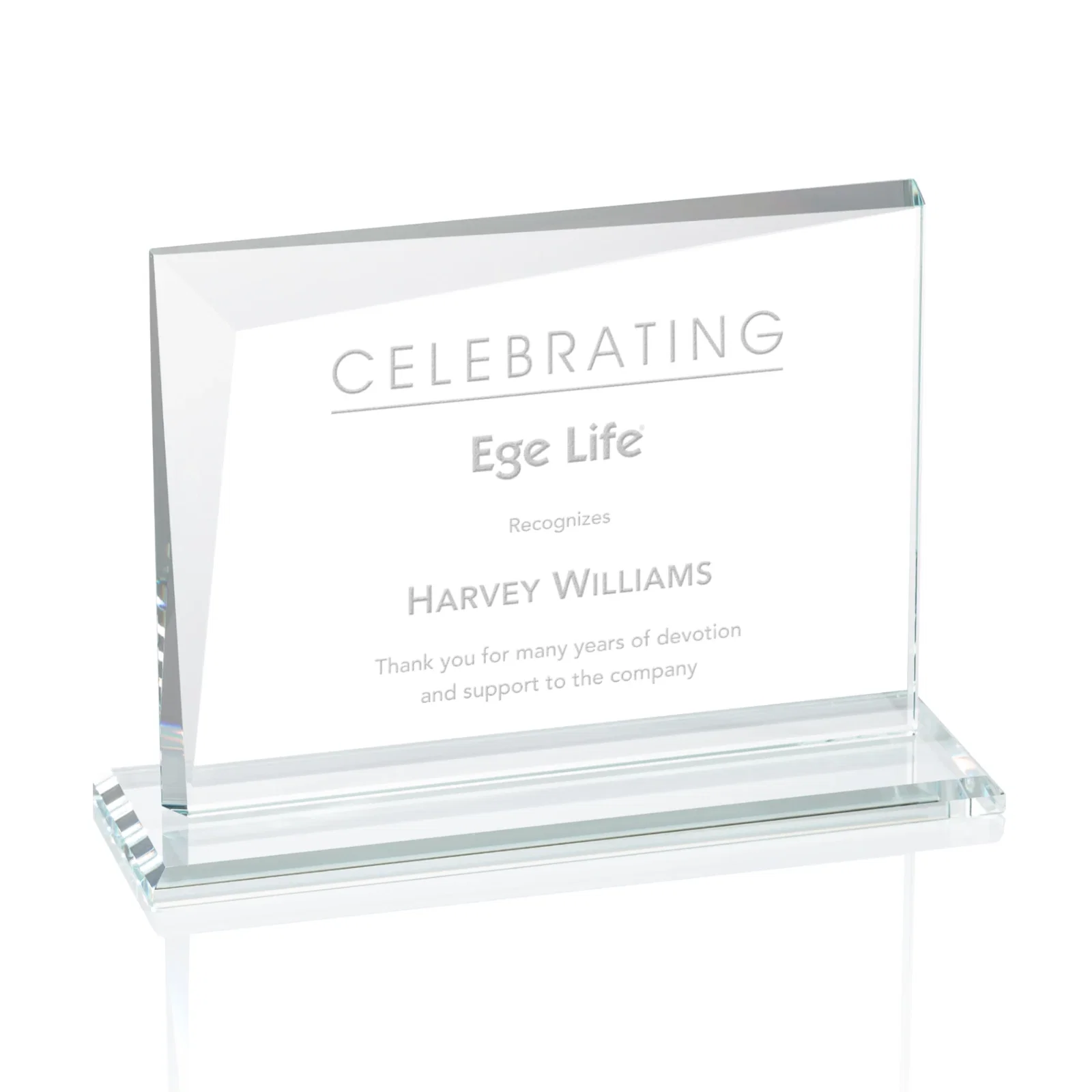 Custom Starfire Crystal Rectangle Award with One Beveled Corner, awards for service anniversary gifts