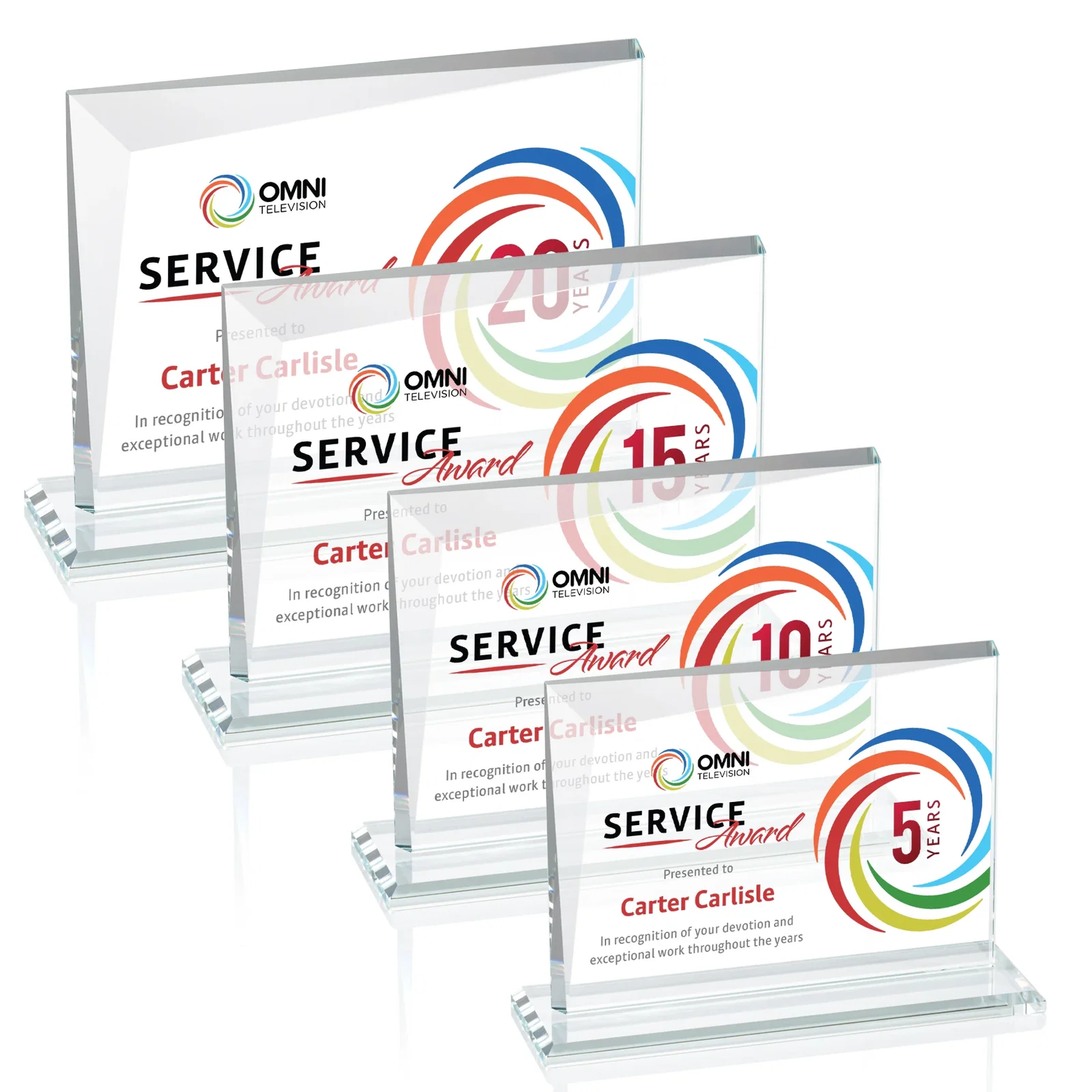 Branded Starfire Crystal Rectangle Award with One Beveled Corner, awards for retirement presentations