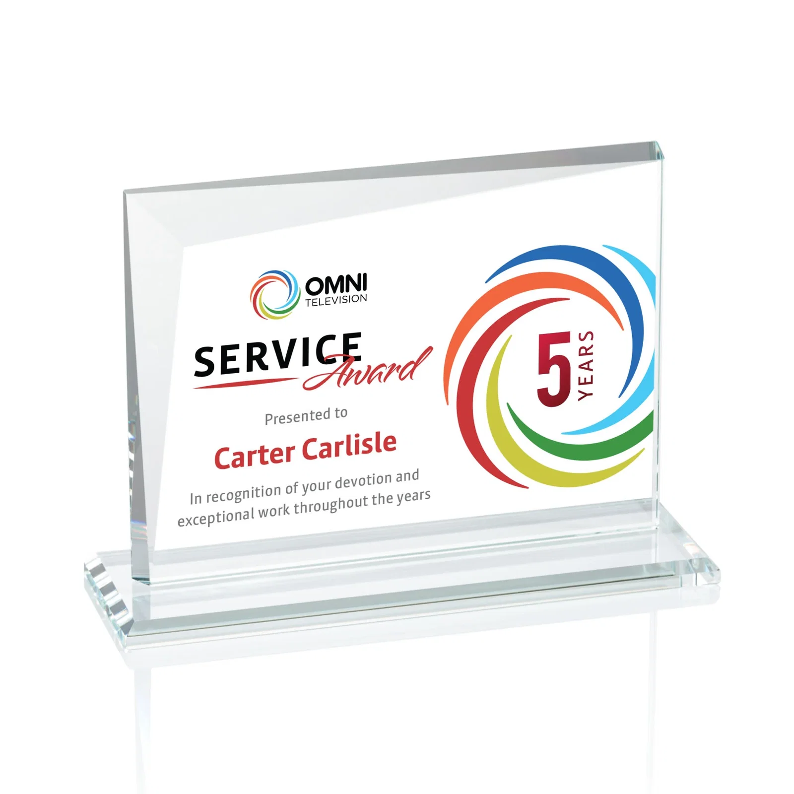 Branded Starfire Crystal Rectangle Award with One Beveled Corner, awards for team milestone celebrations