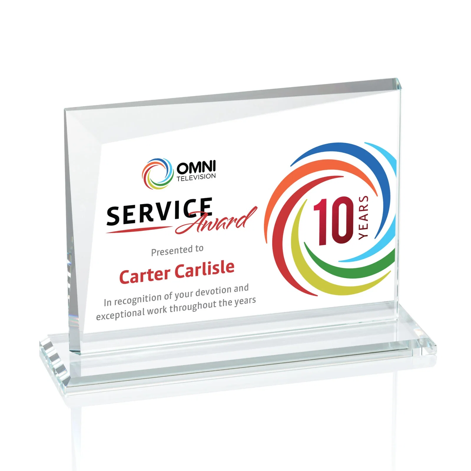 Branded Starfire Crystal Rectangle Award with One Beveled Corner, awards for donor appreciation