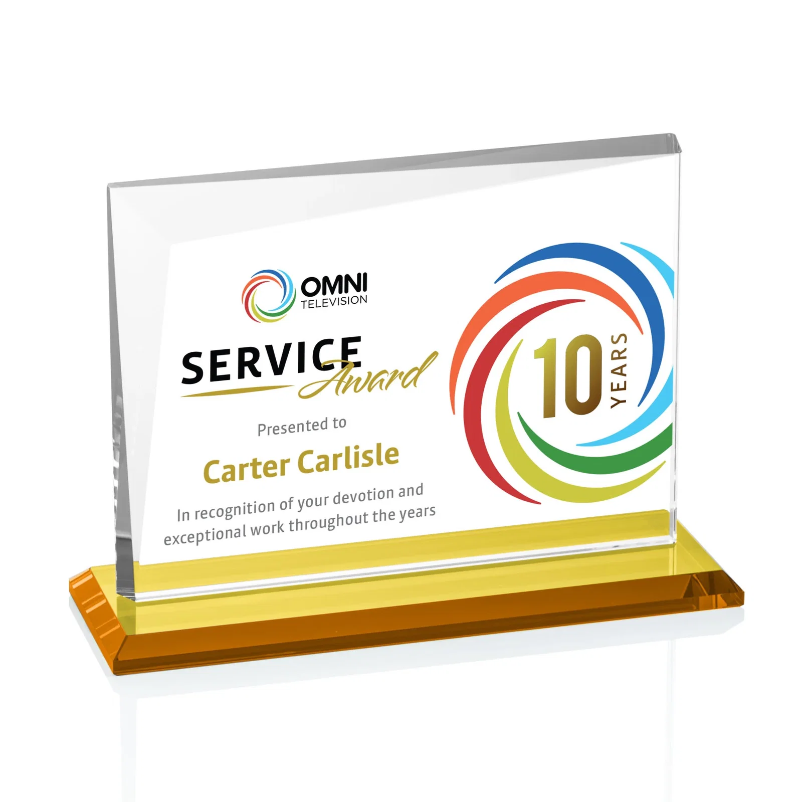 Branded Starfire Crystal Rectangle Award with One Beveled Corner, awards for company anniversary events