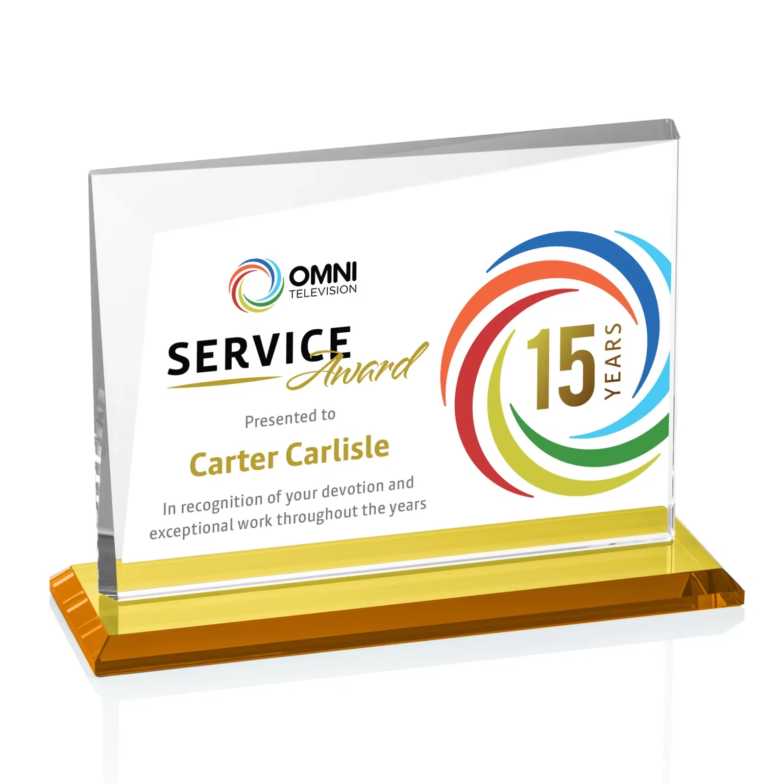 Custom printed Starfire Crystal Rectangle Award with One Beveled Corner, awards for employee recognition