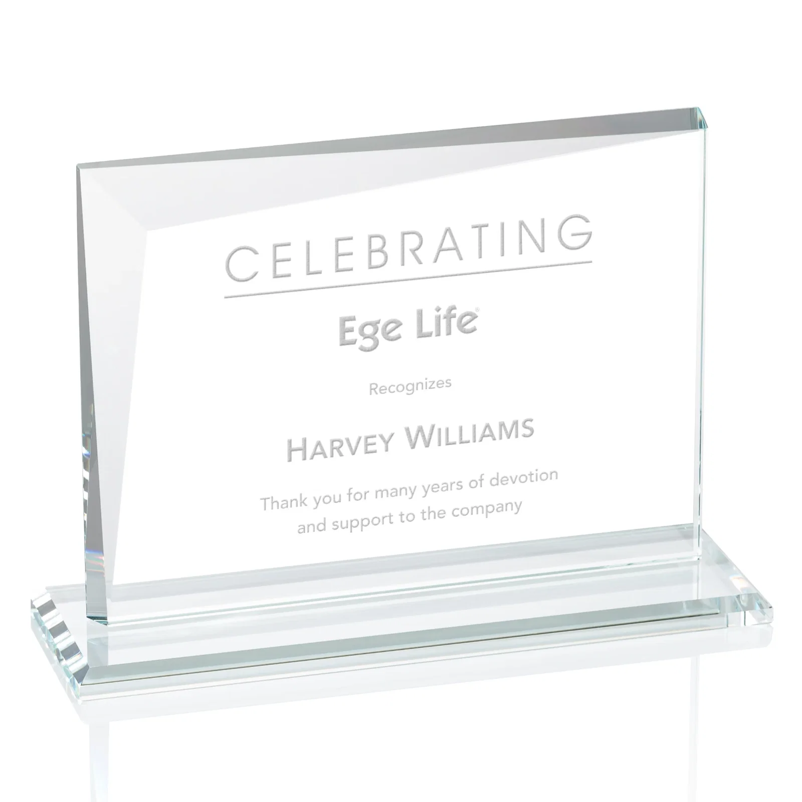Custom Starfire Crystal Rectangle Award with One Beveled Corner, awards for retirement presentations