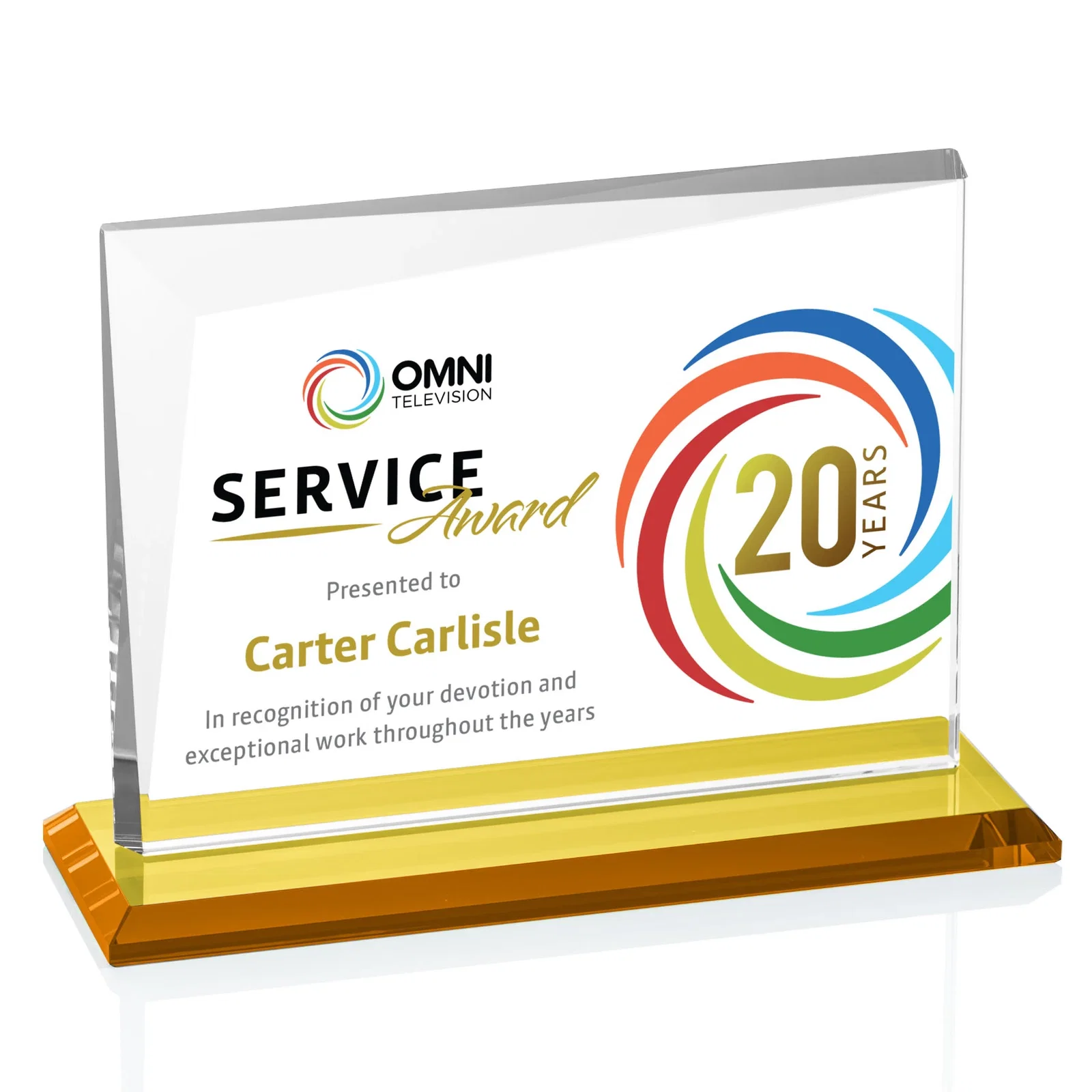 Custom printed Starfire Crystal Rectangle Award with One Beveled Corner, awards for corporate award ceremonies