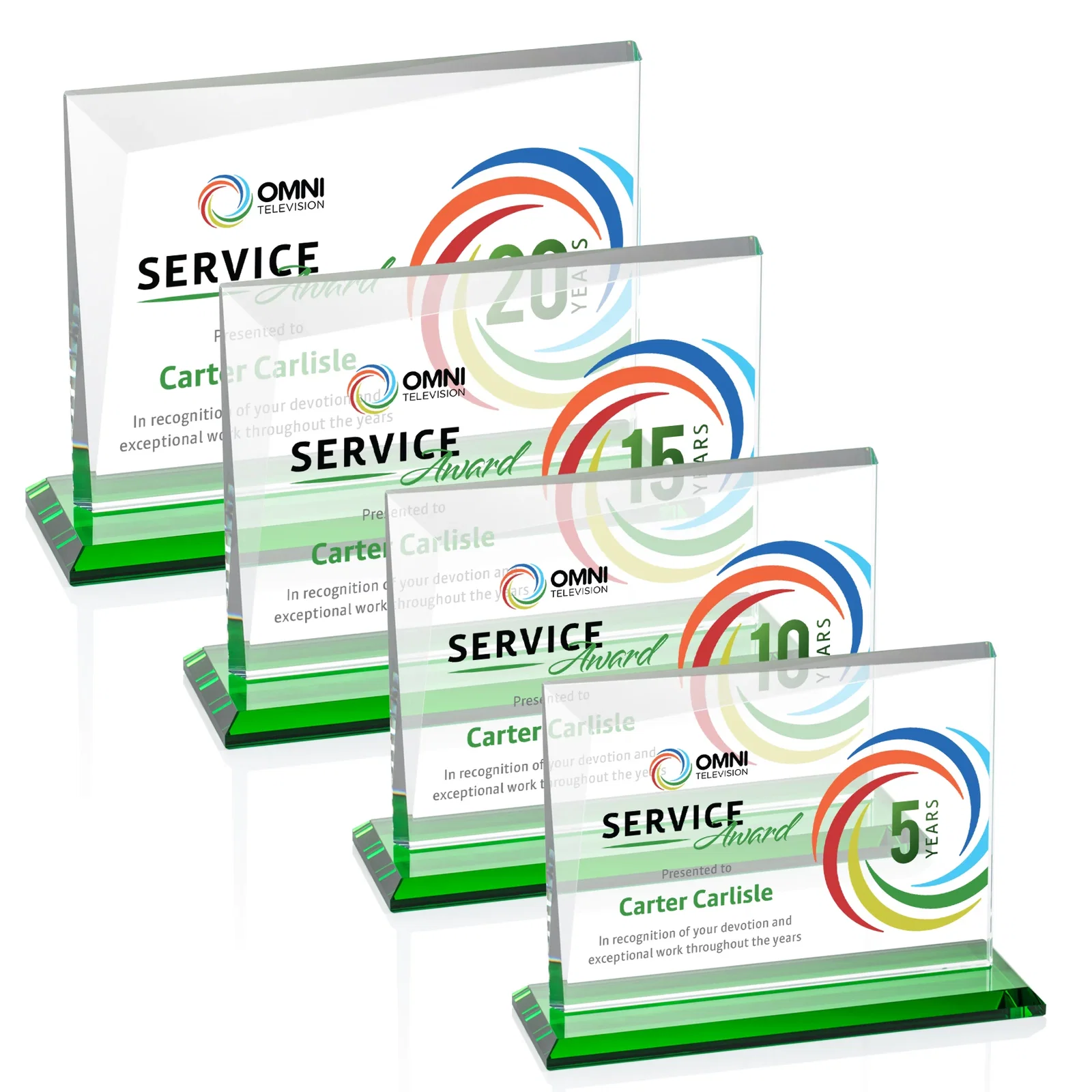 Custom printed Starfire Crystal Rectangle Award with One Beveled Corner, awards for service anniversary gifts