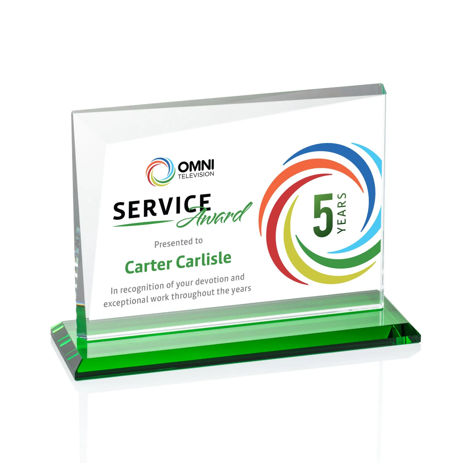 Custom printed Starfire Crystal Rectangle Award with One Beveled Corner, awards for sales achievement awards