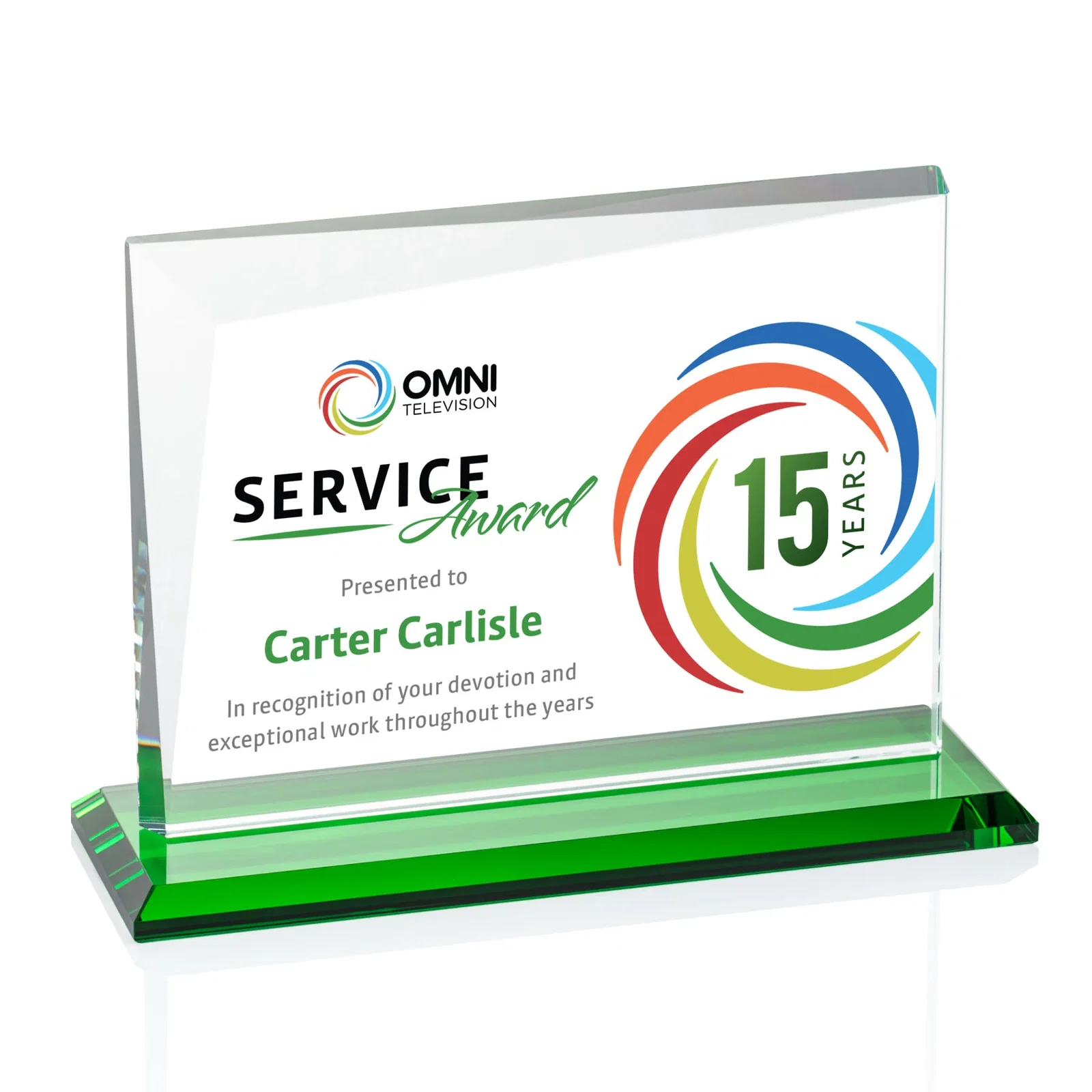 Custom printed Starfire Crystal Rectangle Award with One Beveled Corner, awards for team milestone celebrations
