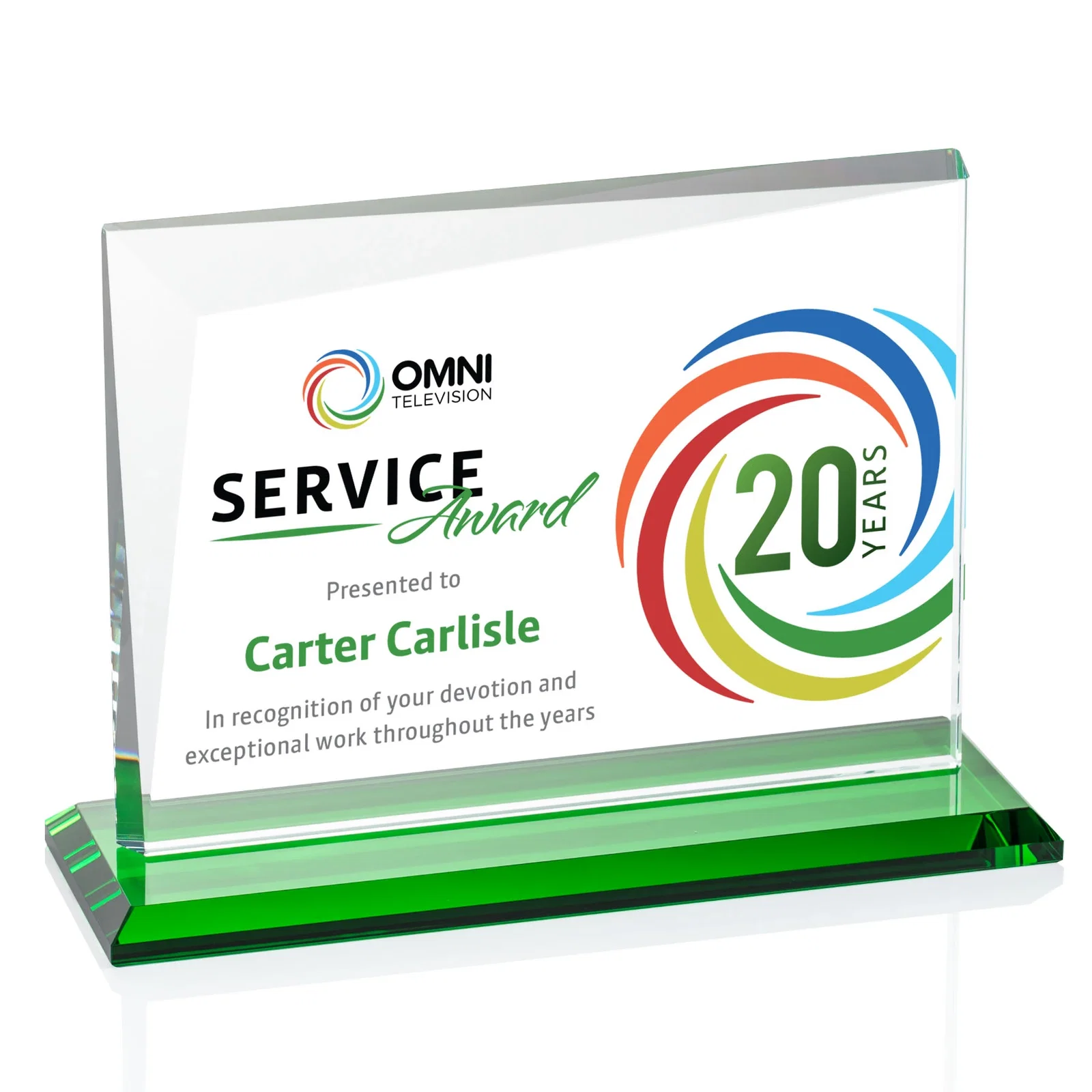 Custom printed Starfire Crystal Rectangle Award with One Beveled Corner, awards for donor appreciation