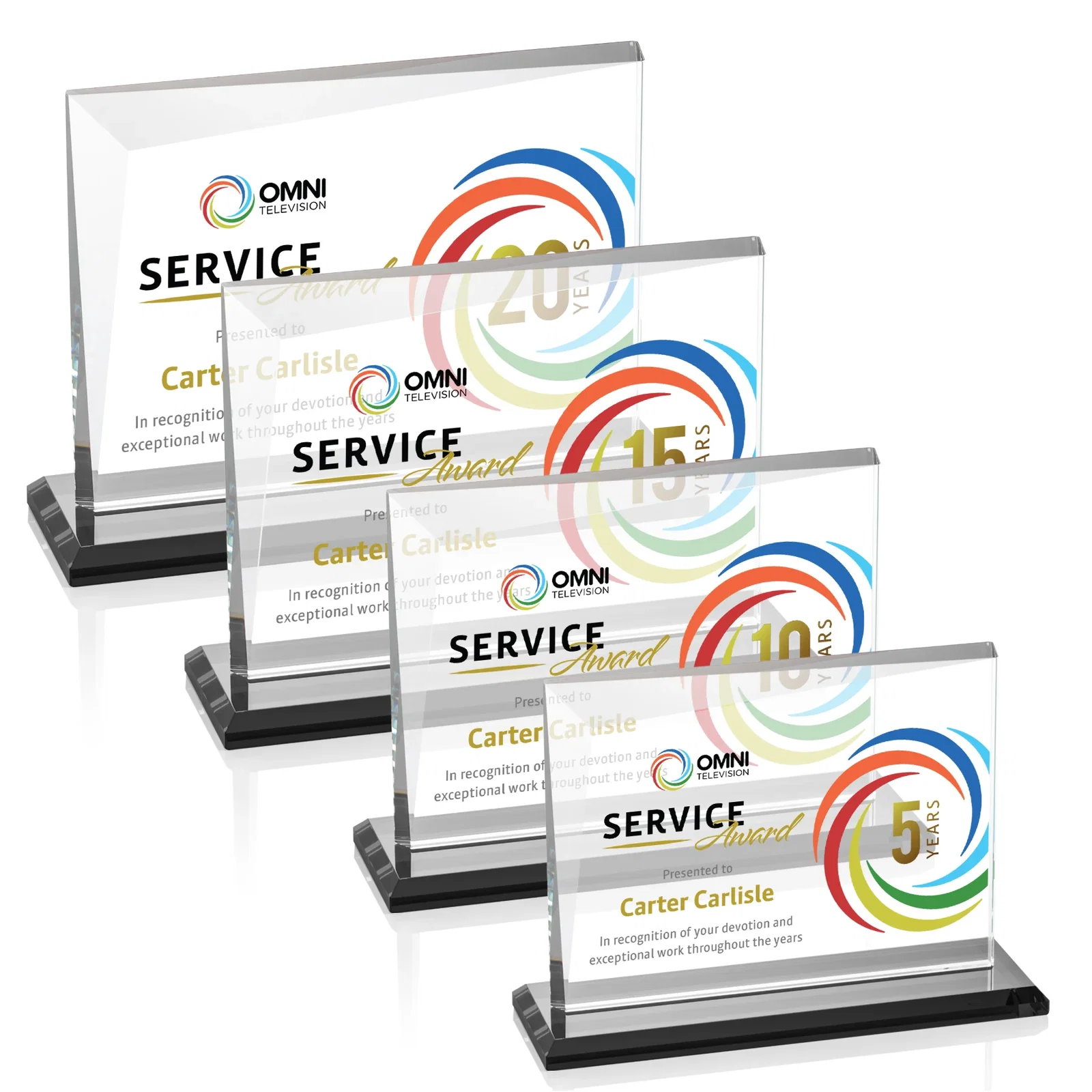 Custom printed Starfire Crystal Rectangle Award with One Beveled Corner, awards for graduation ceremonies
