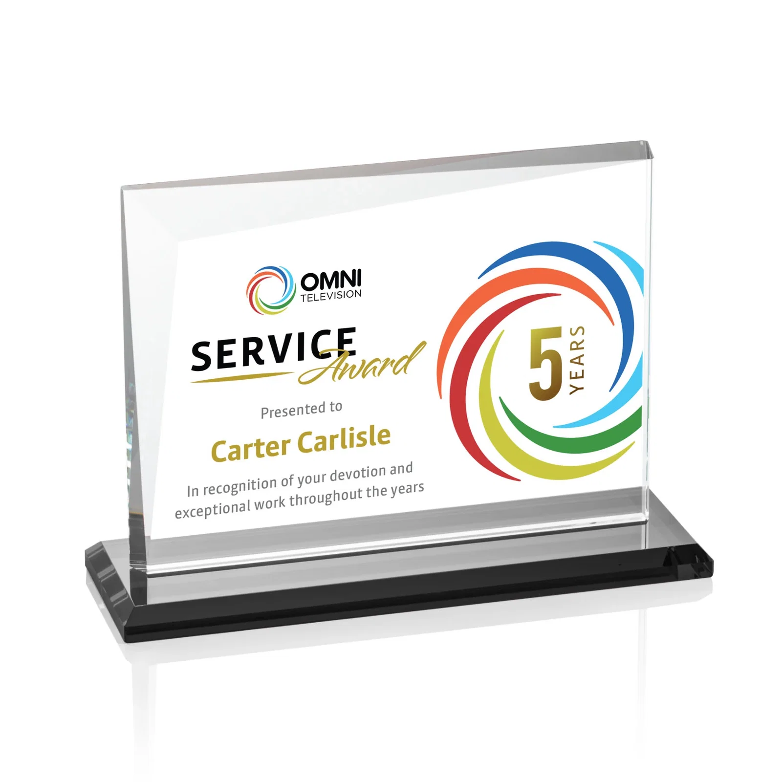 Custom printed Starfire Crystal Rectangle Award with One Beveled Corner, awards for safety achievement programs