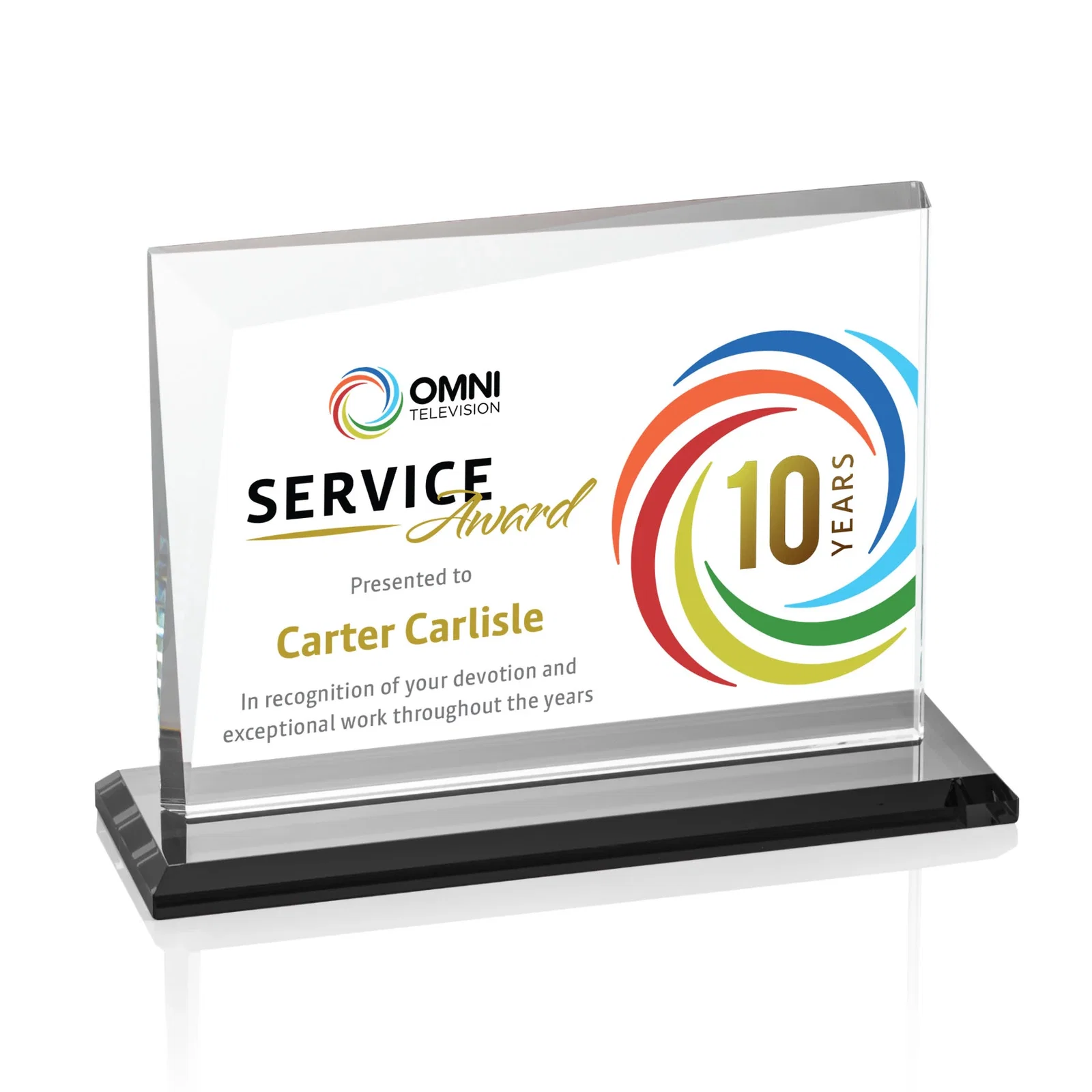 Custom printed Starfire Crystal Rectangle Award with One Beveled Corner, awards for volunteer appreciation