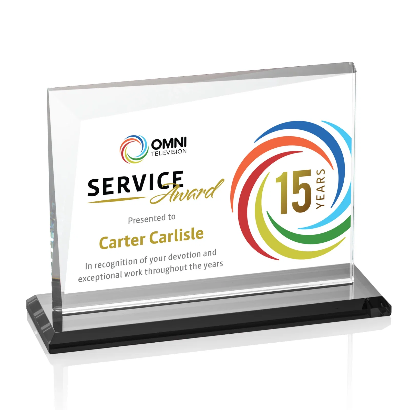 Custom printed Starfire Crystal Rectangle Award with One Beveled Corner, awards for dealer and partner awards