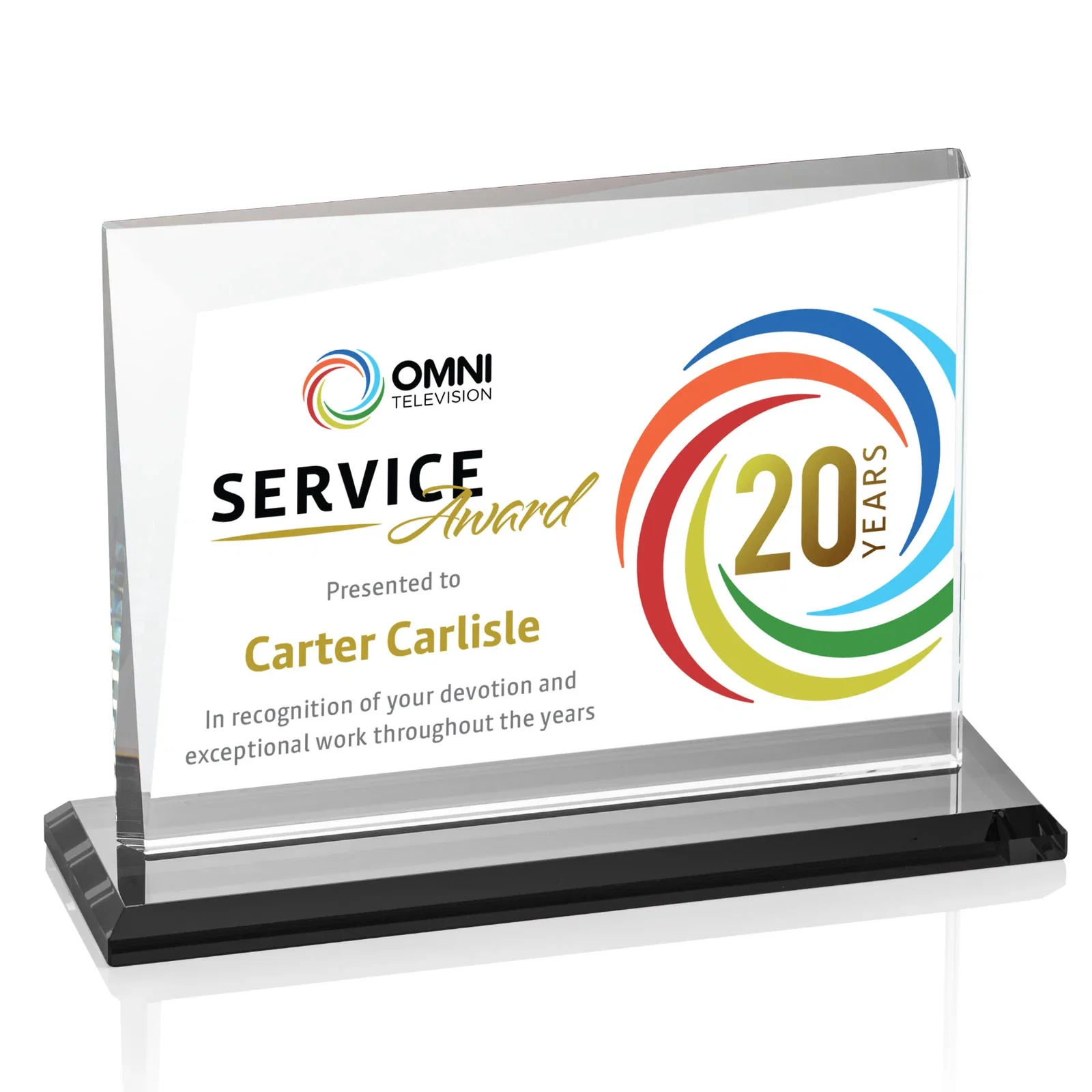 Custom printed Starfire Crystal Rectangle Award with One Beveled Corner, awards for company anniversary events