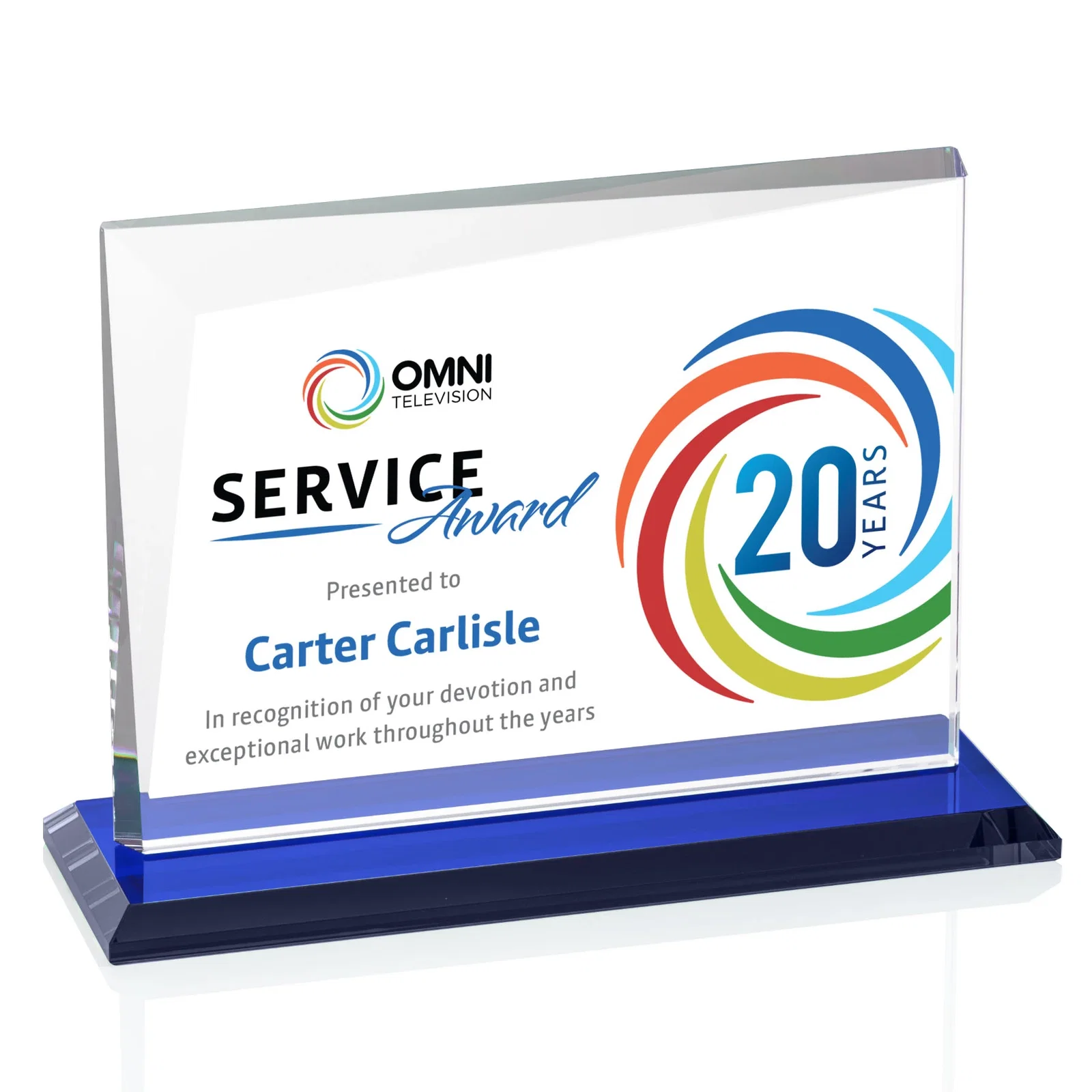 Customized Starfire Crystal Rectangle Award with One Beveled Corner, awards for retirement presentations
