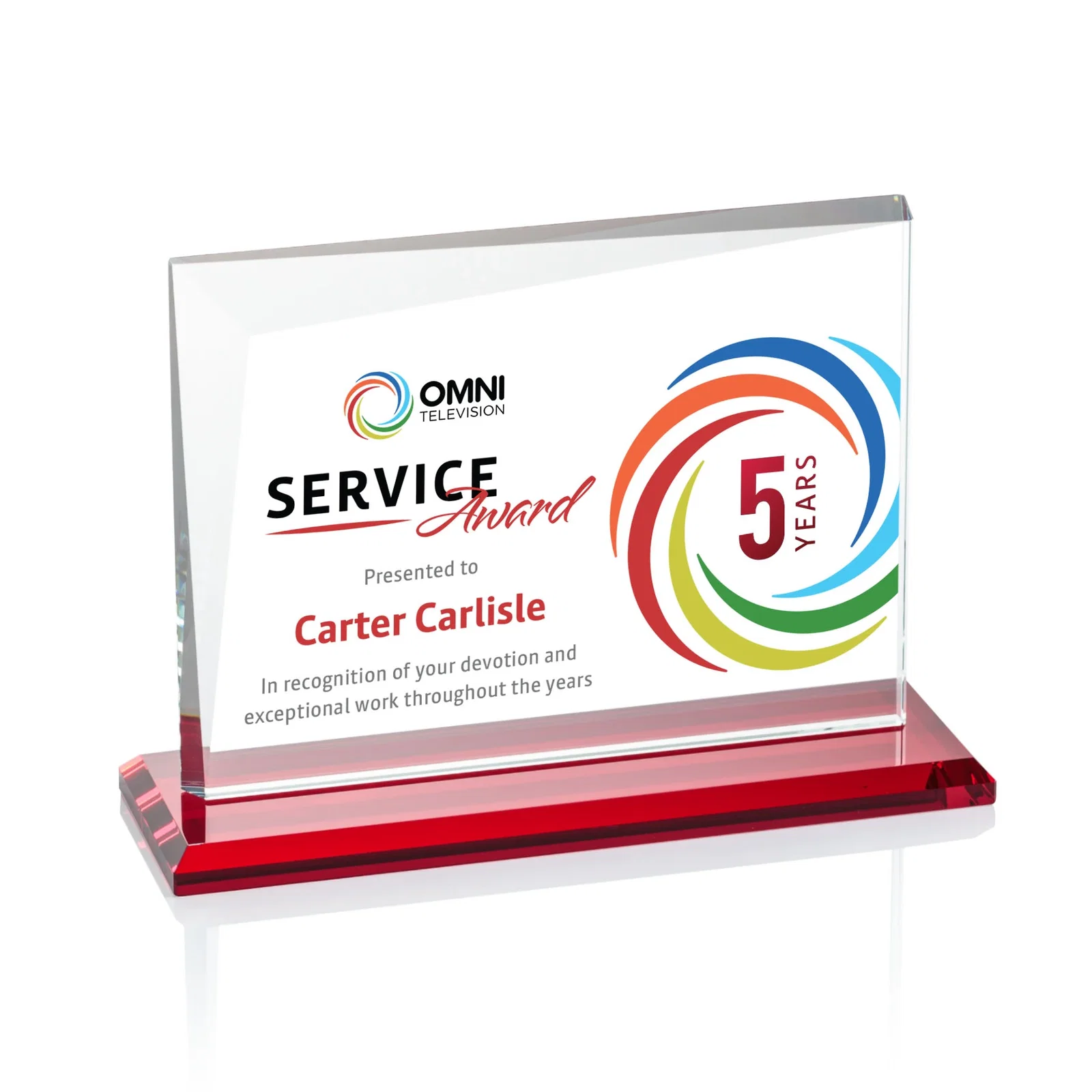 Customized Starfire Crystal Rectangle Award with One Beveled Corner, awards for donor appreciation