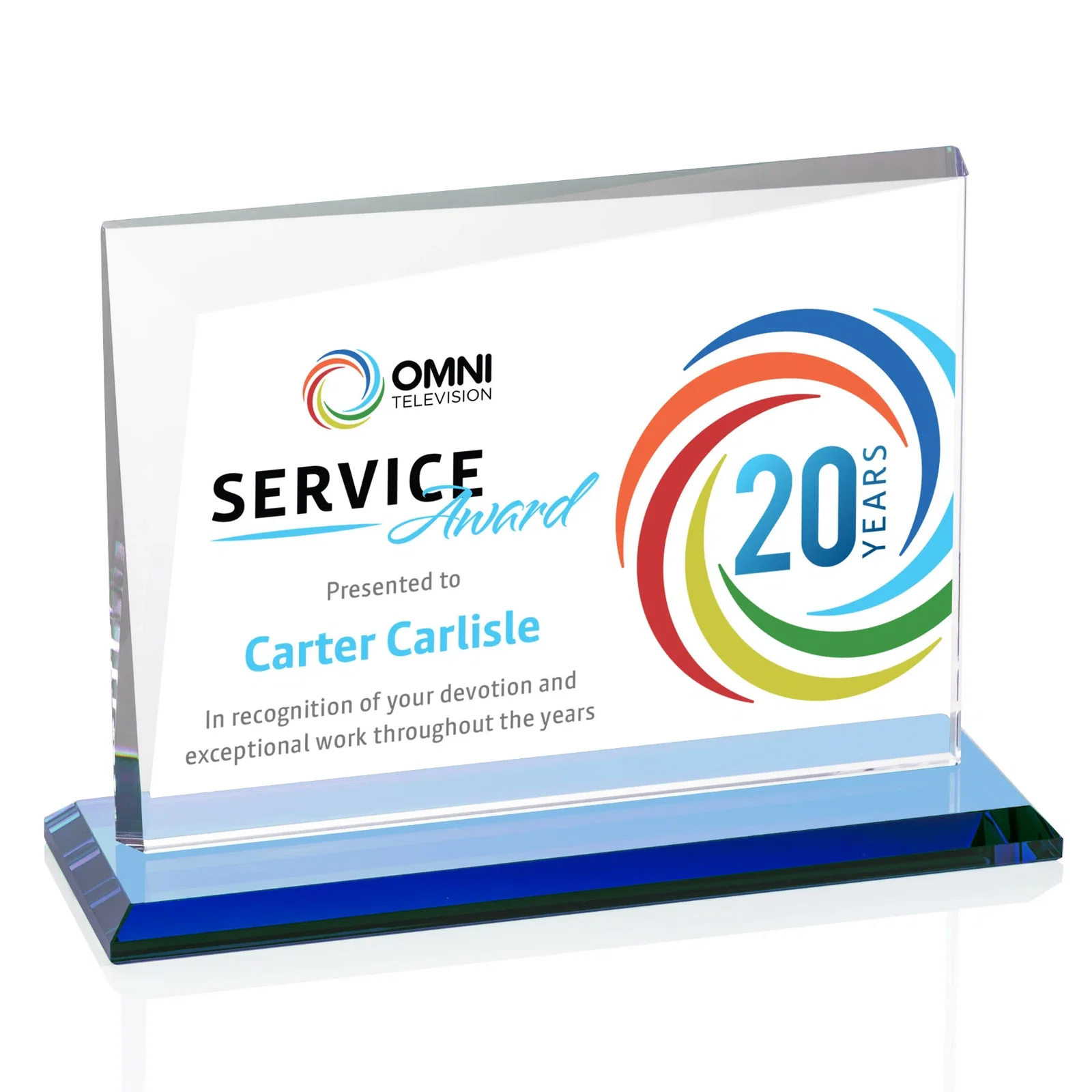 Custom engraved Starfire Crystal Rectangle Award with One Beveled Corner, awards for service anniversary gifts