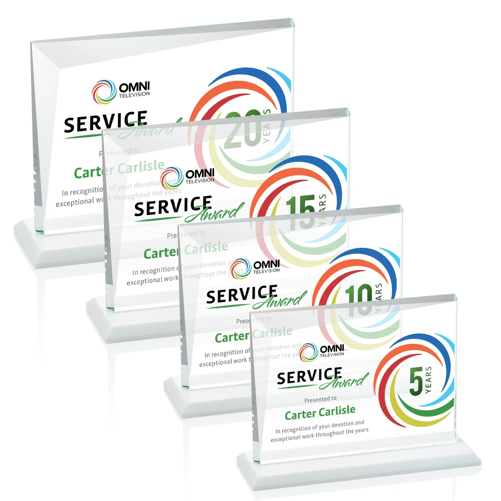 Custom engraved Starfire Crystal Rectangle Award with One Beveled Corner, awards for sales achievement awards