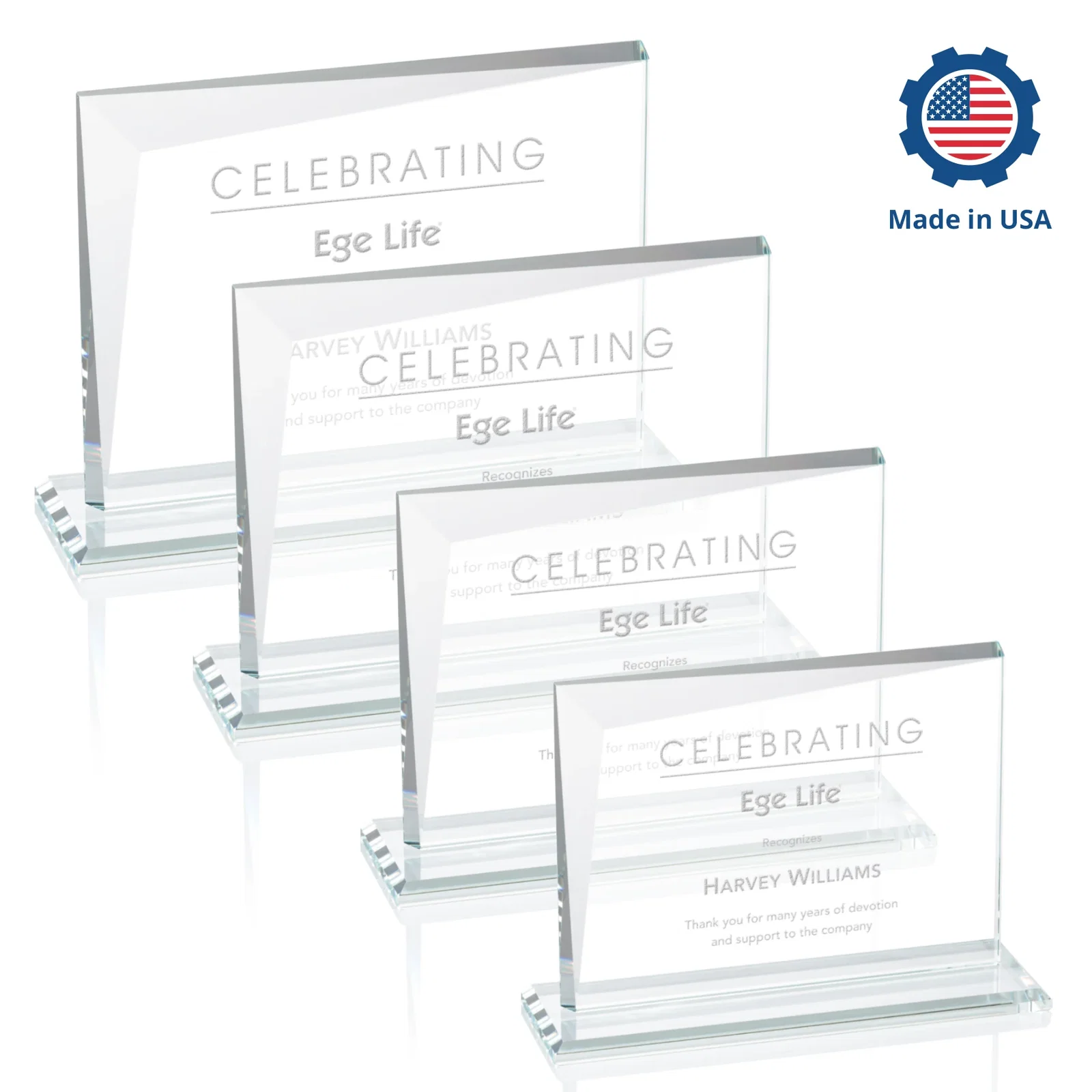 Custom engraved Starfire Crystal Rectangle Award with One Beveled Corner, awards for safety achievement programs