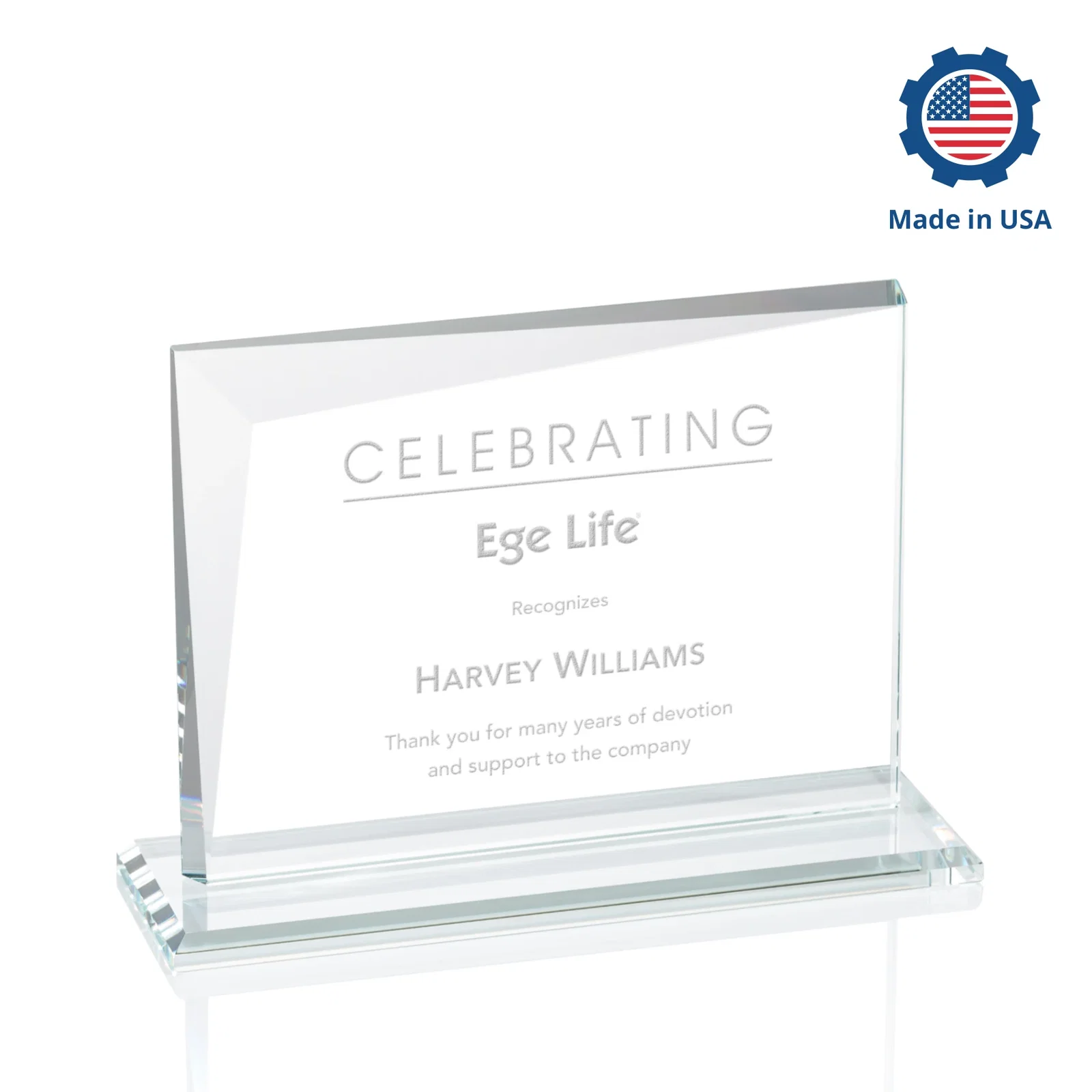 Custom engraved Starfire Crystal Rectangle Award with One Beveled Corner, awards for volunteer appreciation