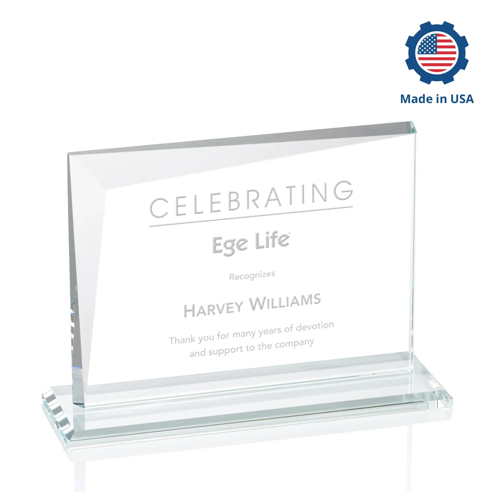 Custom engraved Starfire Crystal Rectangle Award with One Beveled Corner, awards for dealer and partner awards