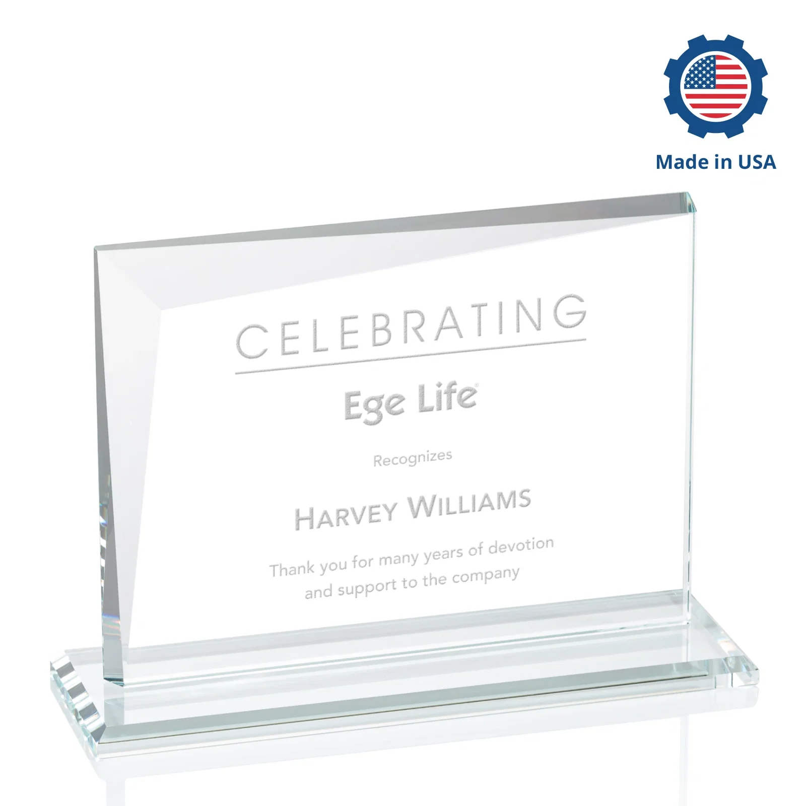 Custom engraved Starfire Crystal Rectangle Award with One Beveled Corner, awards for company anniversary events