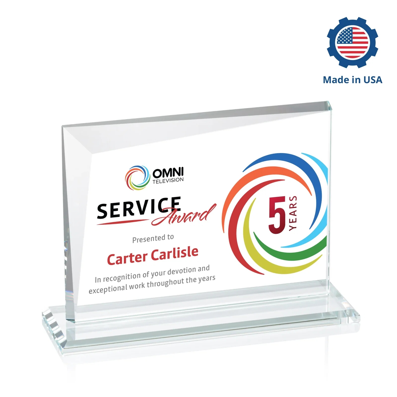 Custom Starfire Crystal Rectangle Award with One Beveled Corner, awards, with your logo for service anniversary gifts