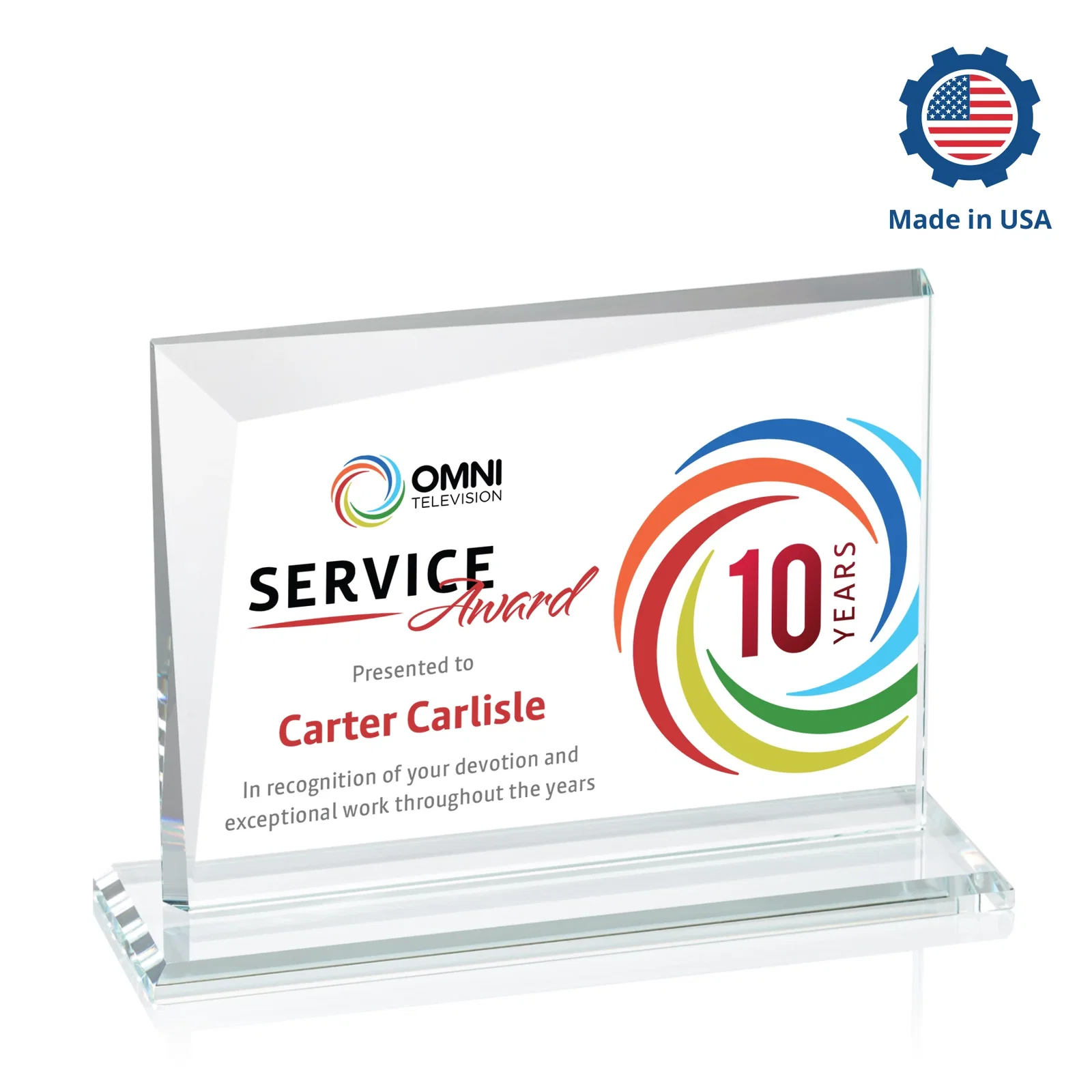 Custom Starfire Crystal Rectangle Award with One Beveled Corner, awards, with your logo for sales achievement awards