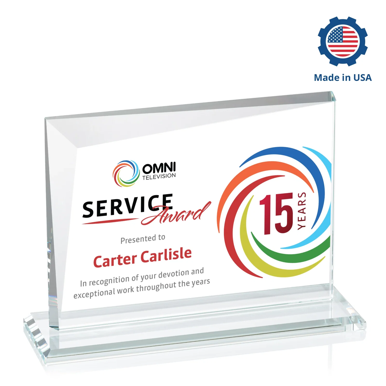 Custom Starfire Crystal Rectangle Award with One Beveled Corner, awards, with your logo for retirement presentations