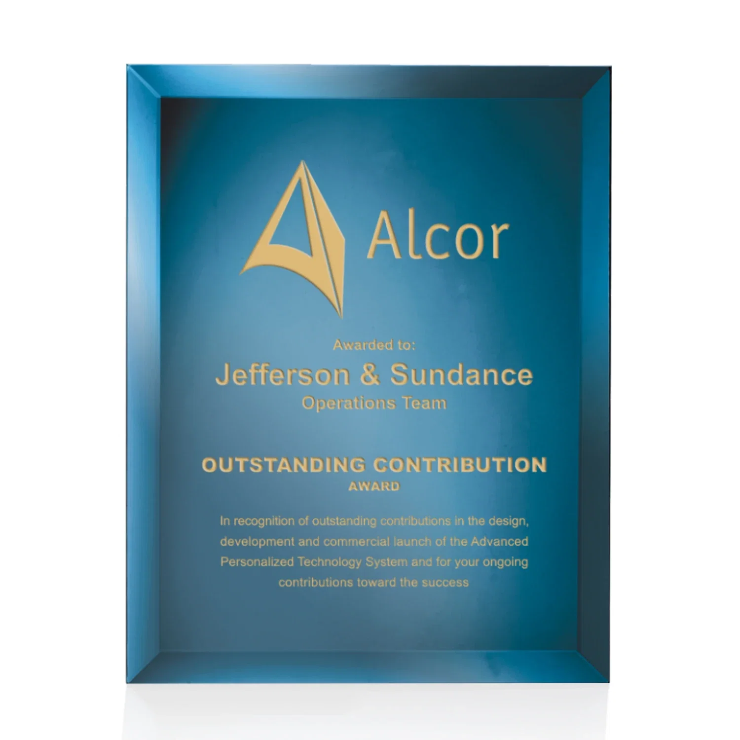Custom Mirror wall plaque with deep-beveled edge, etched colorfill for volunteer appreciation