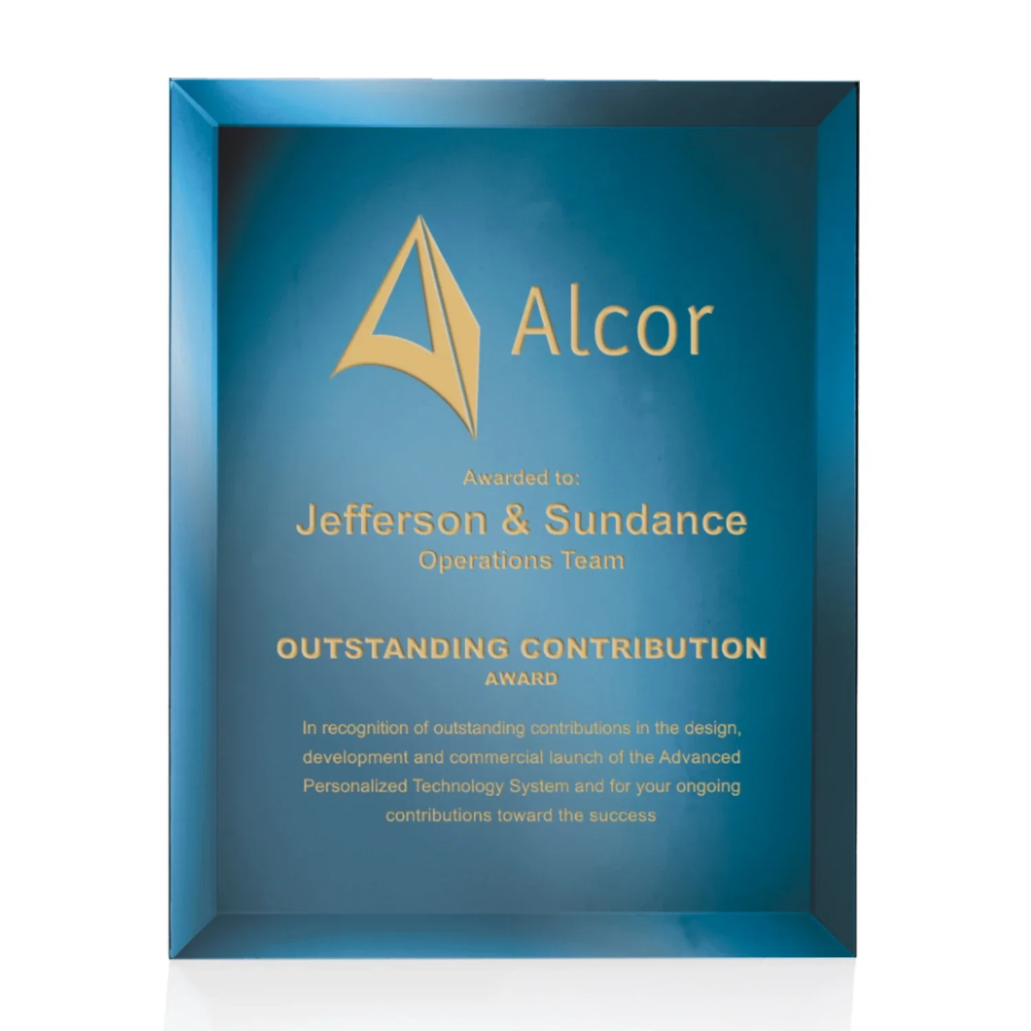 Custom Mirror wall plaque with deep-beveled edge, etched colorfill for dealer and partner awards