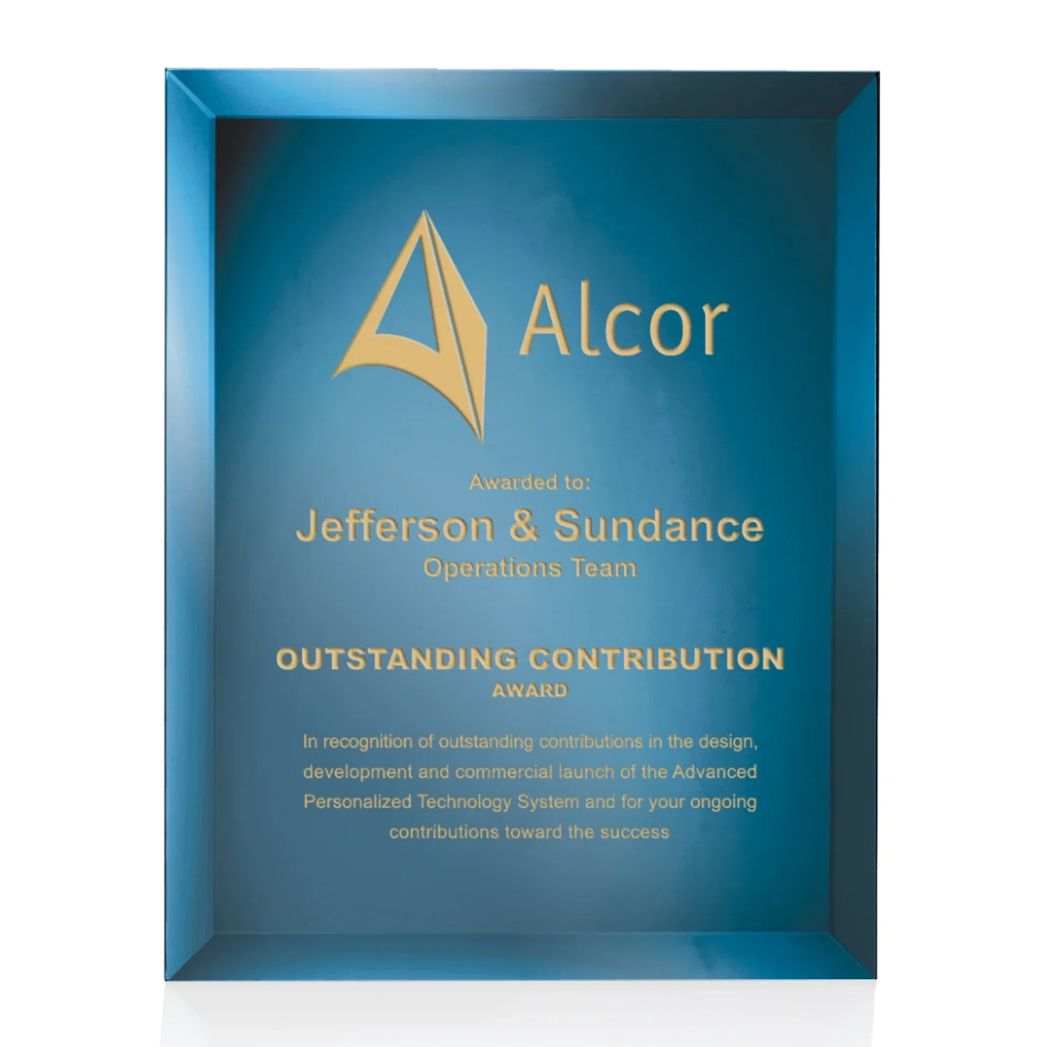 Custom Mirror wall plaque with deep-beveled edge, etched colorfill for company anniversary events